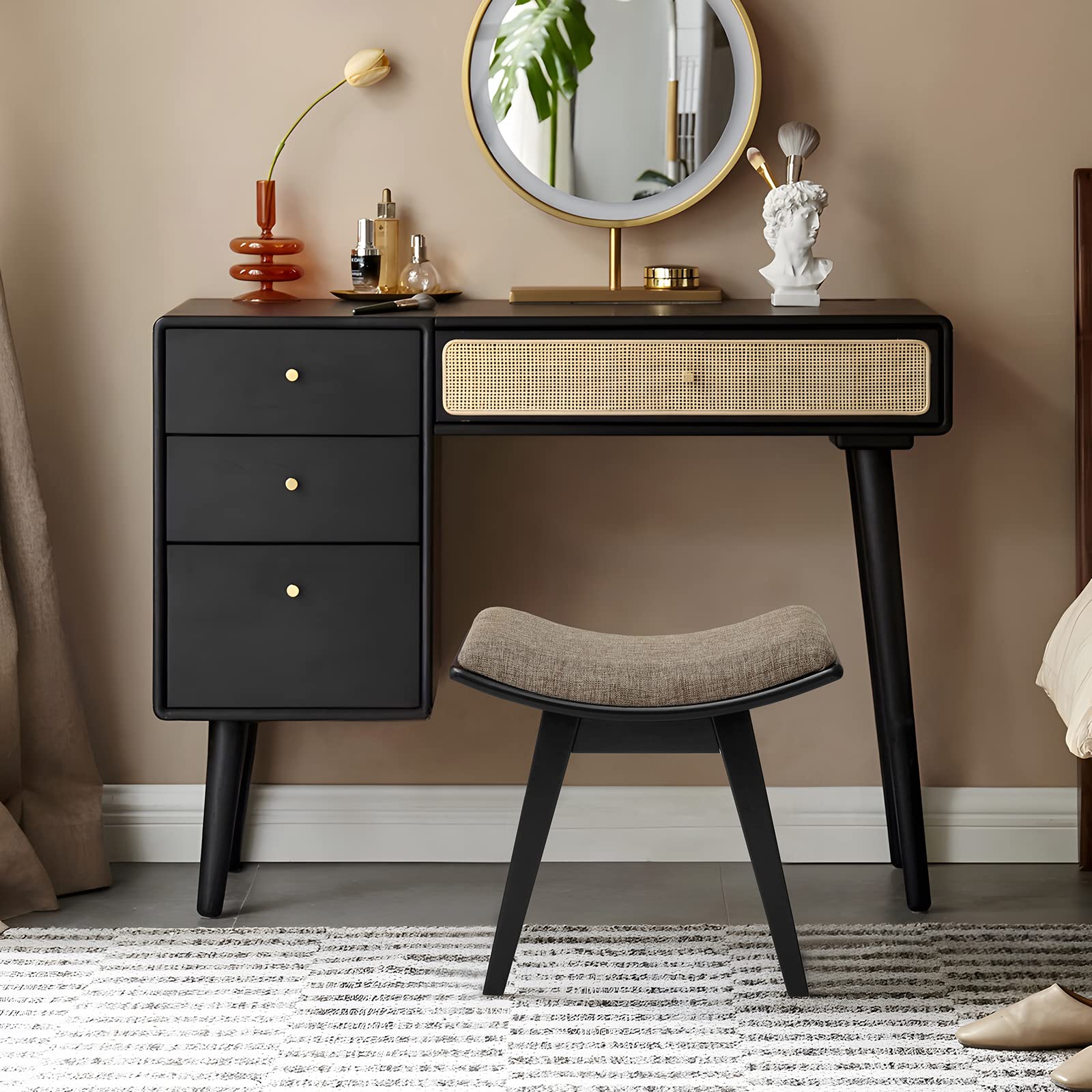 Quimoo Vanity Stool with Rubberwood Legs & Concave Seat Surface - 280lb Capacity Makeup Chair for Bedroom & Dressing Room - Easy Assembly Black Stool for Makeup, Hair Styling & Relaxing