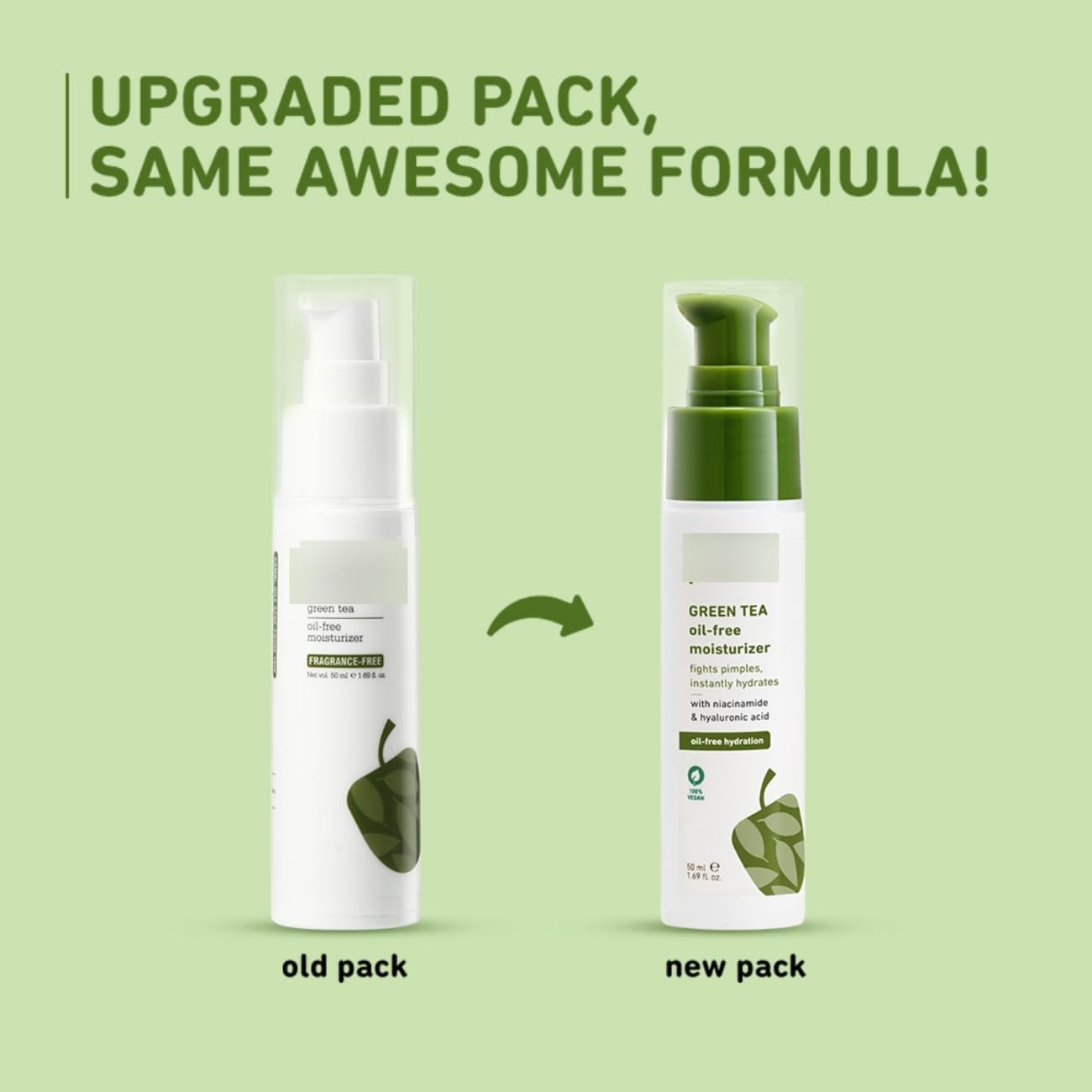 Oil-Free Green Tea Face Moisturizer with Niacinamide & Hyaluronic Acid - Acne Fighting, Hydrating & Brightening Facial Cream for Oily & Combination Skin - Lightweight, Non-Sticky Formula for Day & Night Use - 50ml