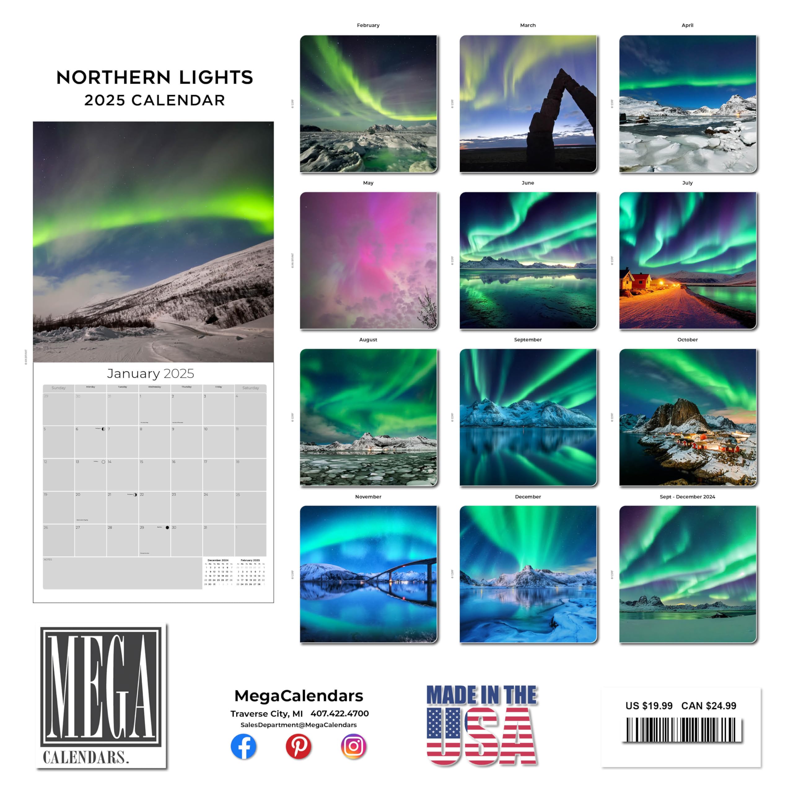2024-2025 Northern Lights Calendar - Aurora Borealis Wall Planner with Thick No-Bleed Paper - 12