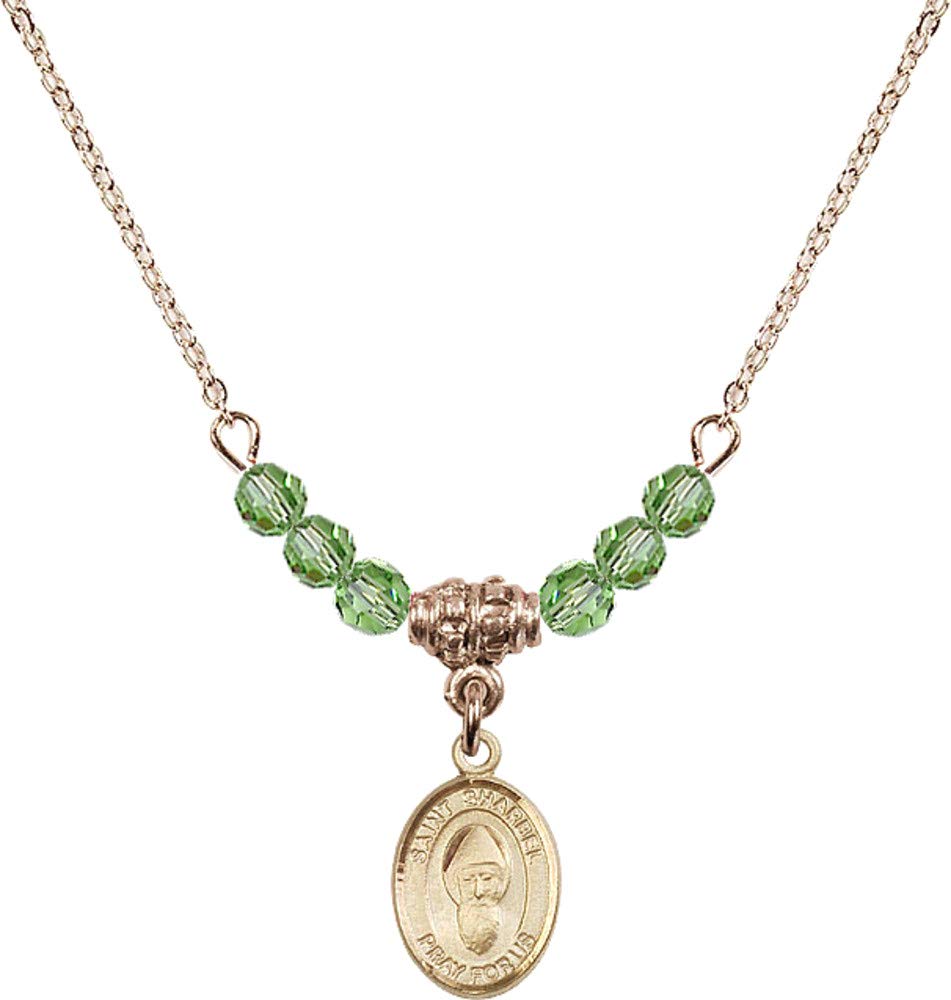 Bonyak 18K Gold Plated Hamilton Necklace with 4mm Green August Birthstone Beads & Saint Sharbel Charm - Perfect for Birthdays, Gifts & Spiritual Protection Jewelry