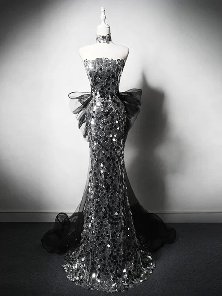 Elegant Mermaid Tulle Sequin Prom Dress in Black/Silver - Long Formal Evening Gown for Homecoming, Ball, and Special Occasions
