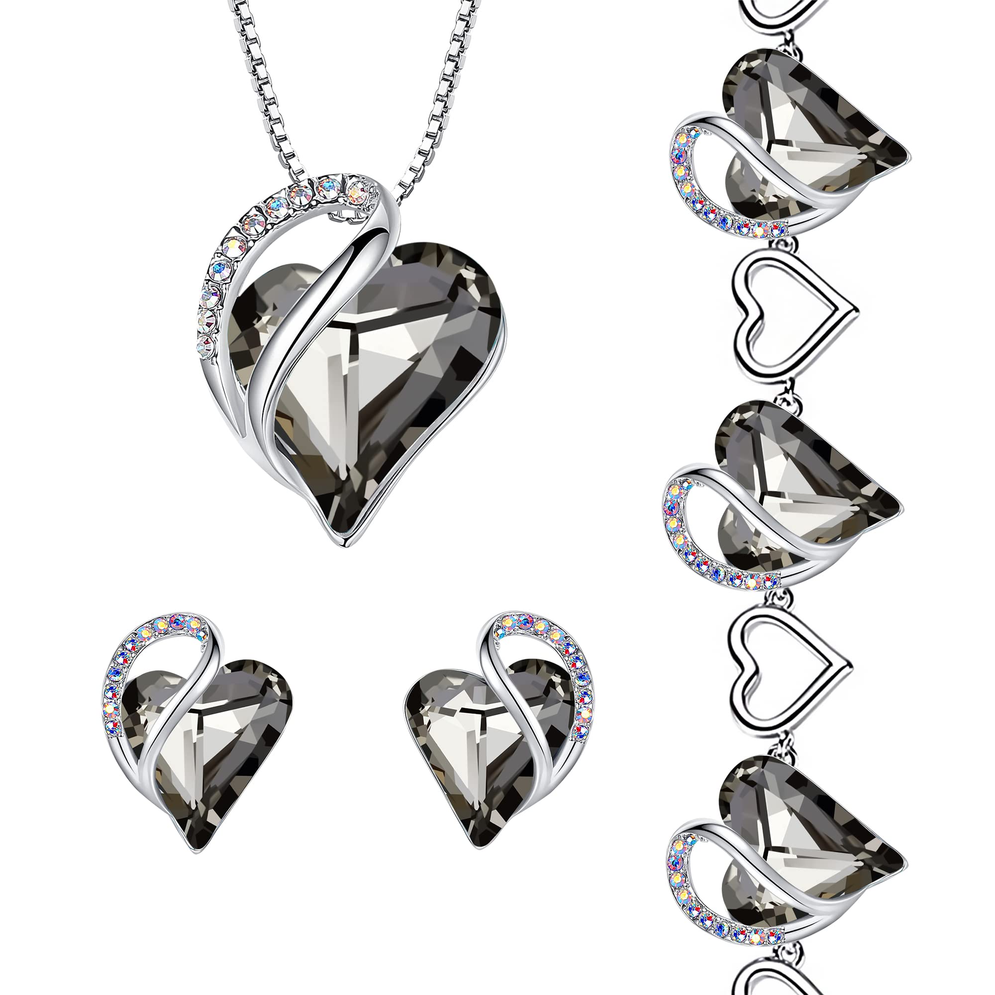 Leafael Infinity Love Heart Necklace, Stud Earrings & Bracelet Set for Women - Healing Crystal Jewelry with Protection Stones in Silver Tone - Perfect Gift Set for Her - Ideal for Valentine's Day, Anniversary & Everyday Wear