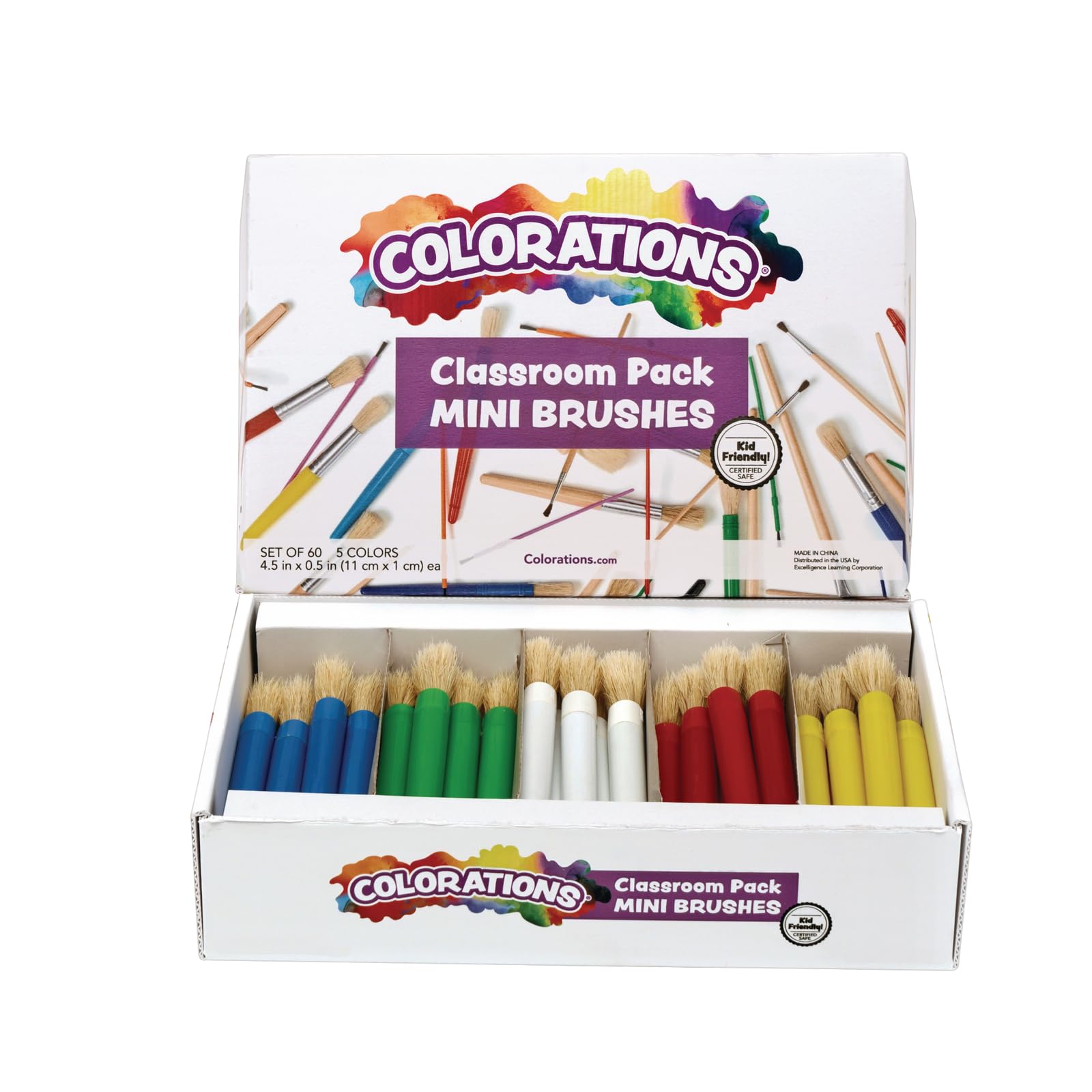 Colorations Mini Paint Brushes Set of 60 - Natural Bristle Kids Art Brushes for Painting, Classroom Supplies & DIY Crafts - Perfect for Children's Art Projects, Posters & School Activities