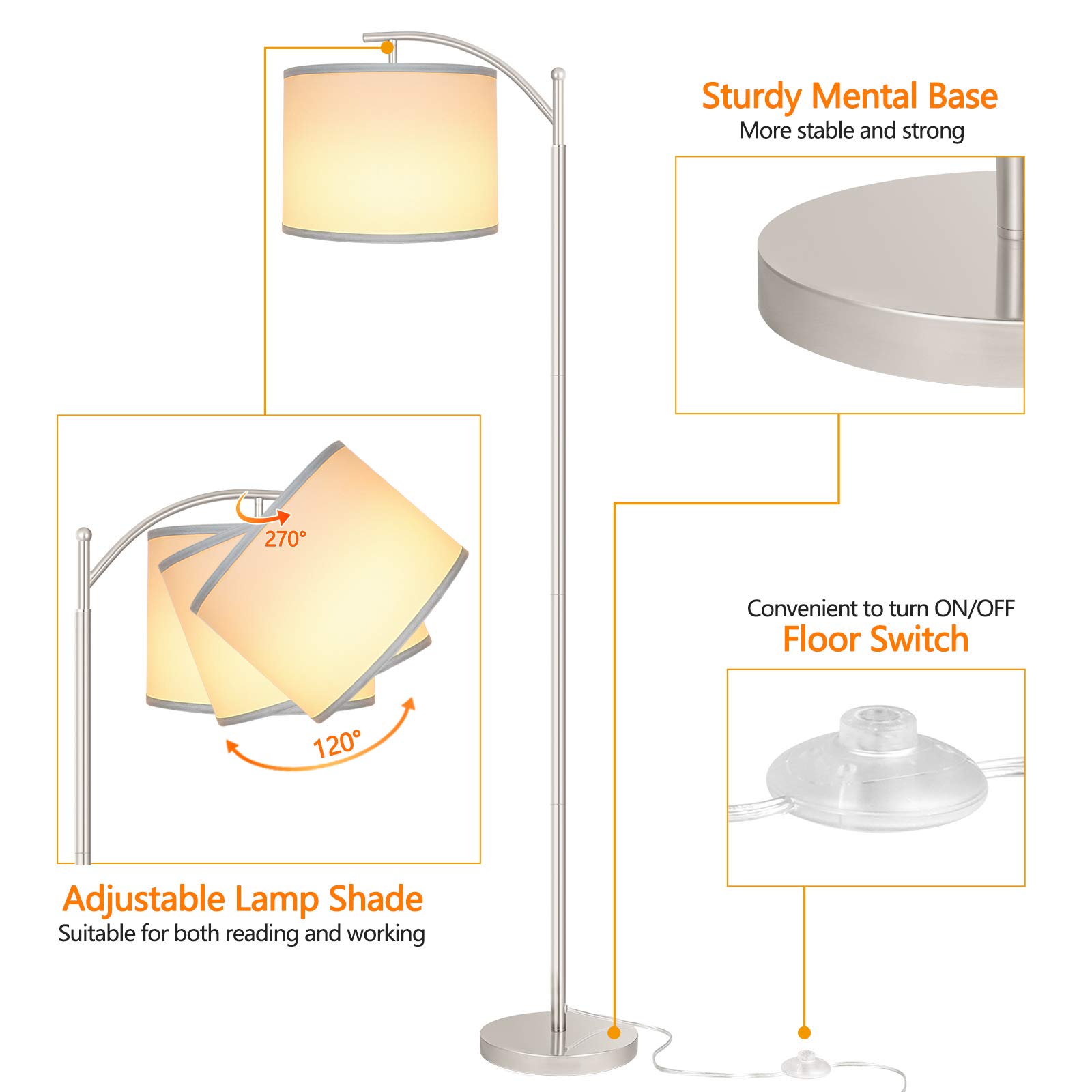 ROTTOGOON Modern LED Floor Lamp with White Shade, 9W Bulb Included - Silver Standing Light for Living Room & Bedroom - Perfect for Reading, Relaxing, and Ambient Lighting