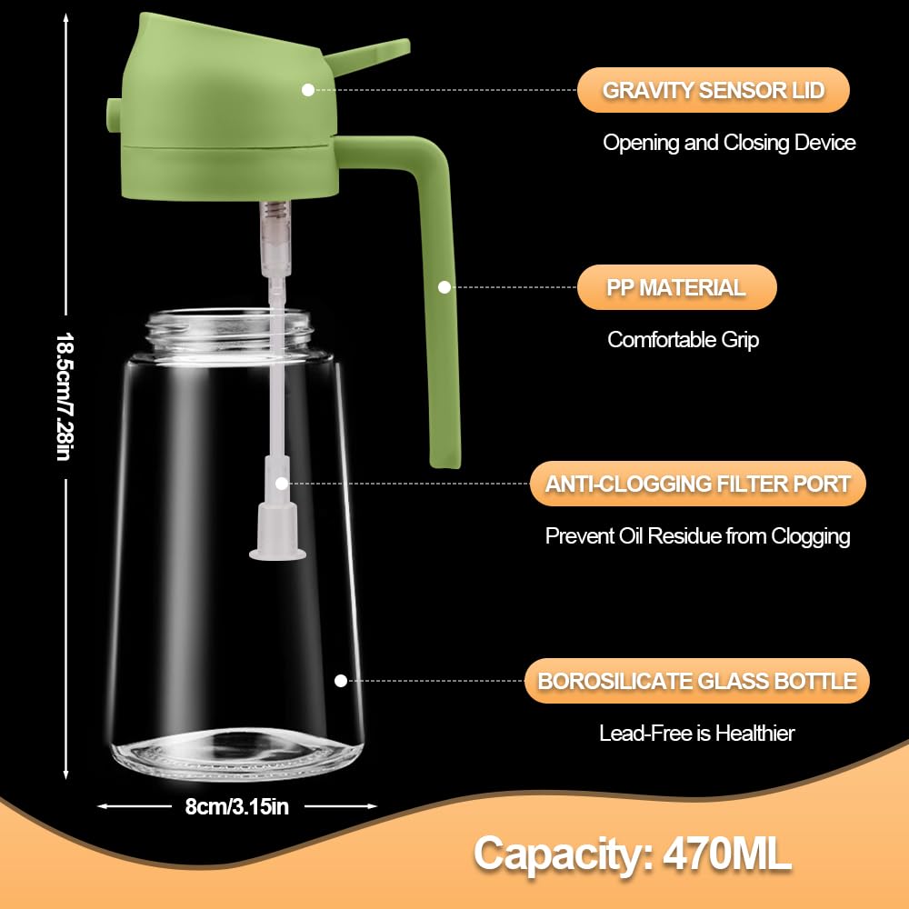 MGahyi 2-in-1 Glass Oil Sprayer & Dispenser - 470ml Kitchen Oil Spray Bottle for Healthy Cooking | Perfect for Salad Dressing, Baking & Frying | BPA-Free Glass Oil Mister (Green)