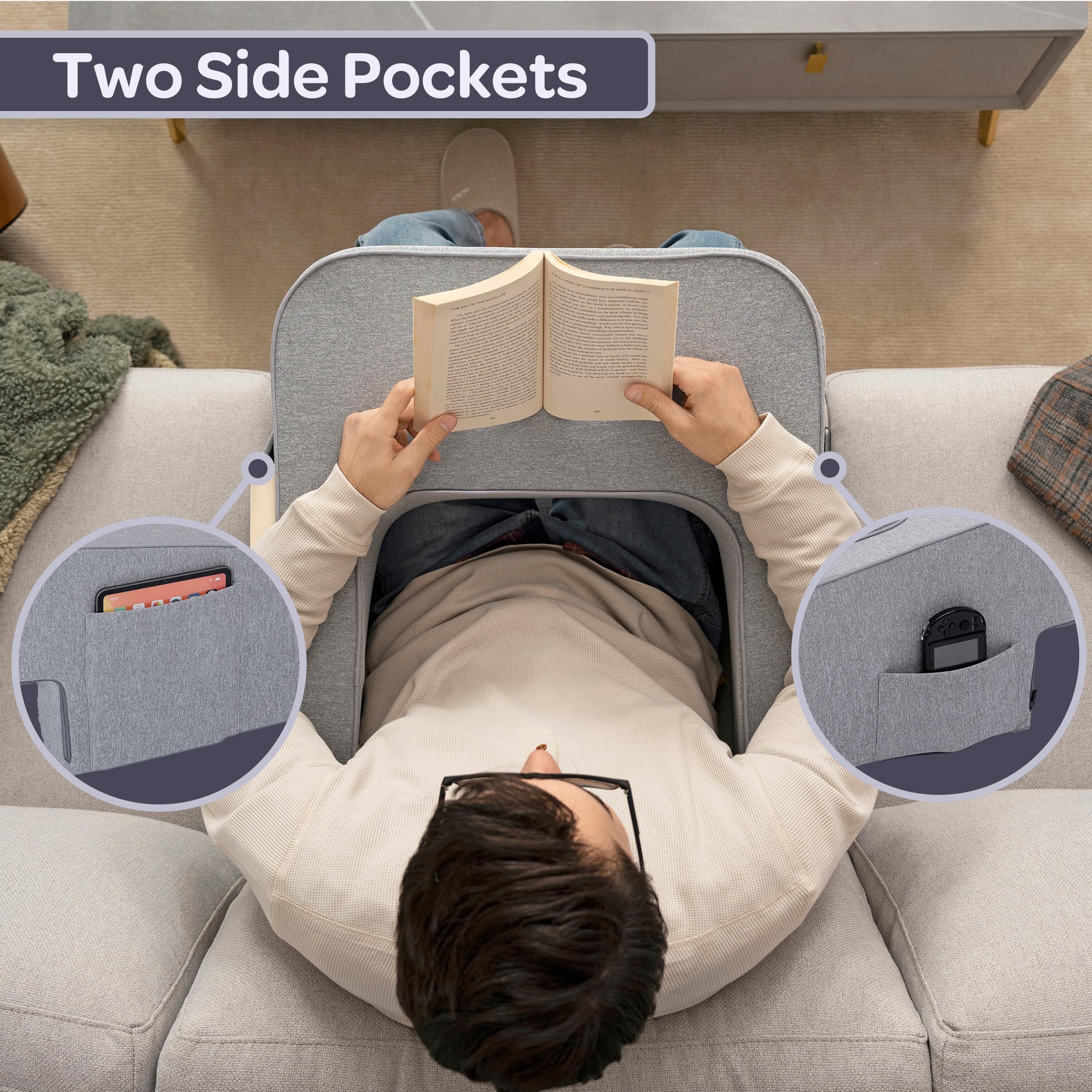 Premium Memory Foam Lap Desk Pillow with Armrests & Storage Pockets - Washable Cover for Laptop, Reading & Work - Home Office, Gaming & Study Comfort (Gray) - Perfect for Bed, Couch & Travel Use