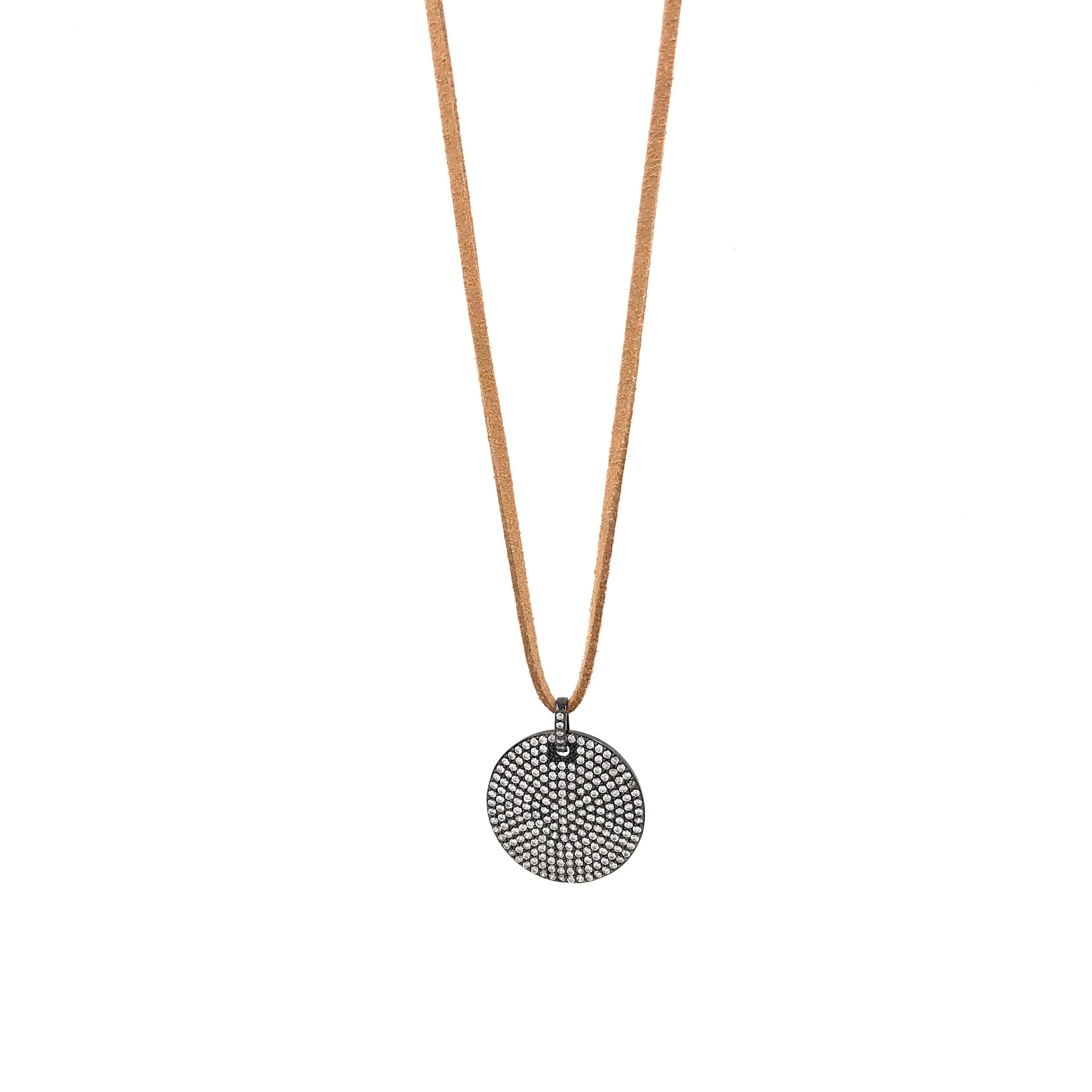 Ashley Gold Tan Suede Choker Lariat Necklace with Stainless Steel Disc Charm and CZ Stones - Elegant Layered Necklace for Women, Perfect for Date Night, Parties, and Special Occasions