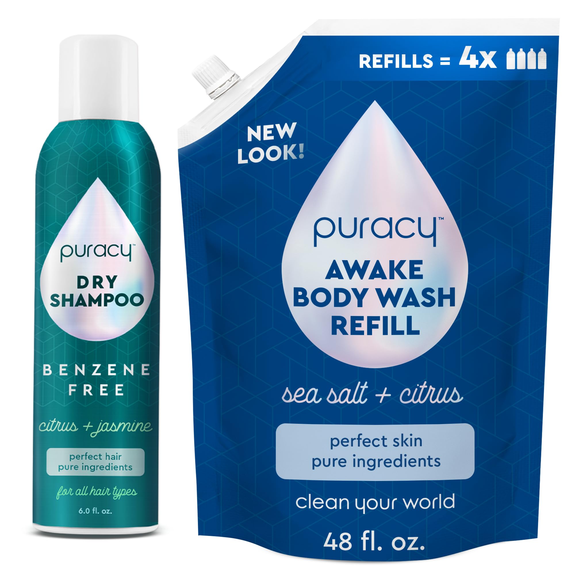 Puracy Natural Body Wash Refill - 98.6% Pure Plant-Based Shower Gel with Citrus & Sea Salt (48 oz) | Vegan, Sulfate-Free & Cruelty-Free | Gentle Cleansing for Sensitive Skin | Perfect for Daily Shower & Spa Day   Puracy Plant-Powered Dry Shampoo for Women - Volumizing & Cleansing with Citrus & Jasmine (6 oz) | Natural Hair Care for Oily Scalp | Ideal for Travel, Gym & Quick Refresh Between Washes