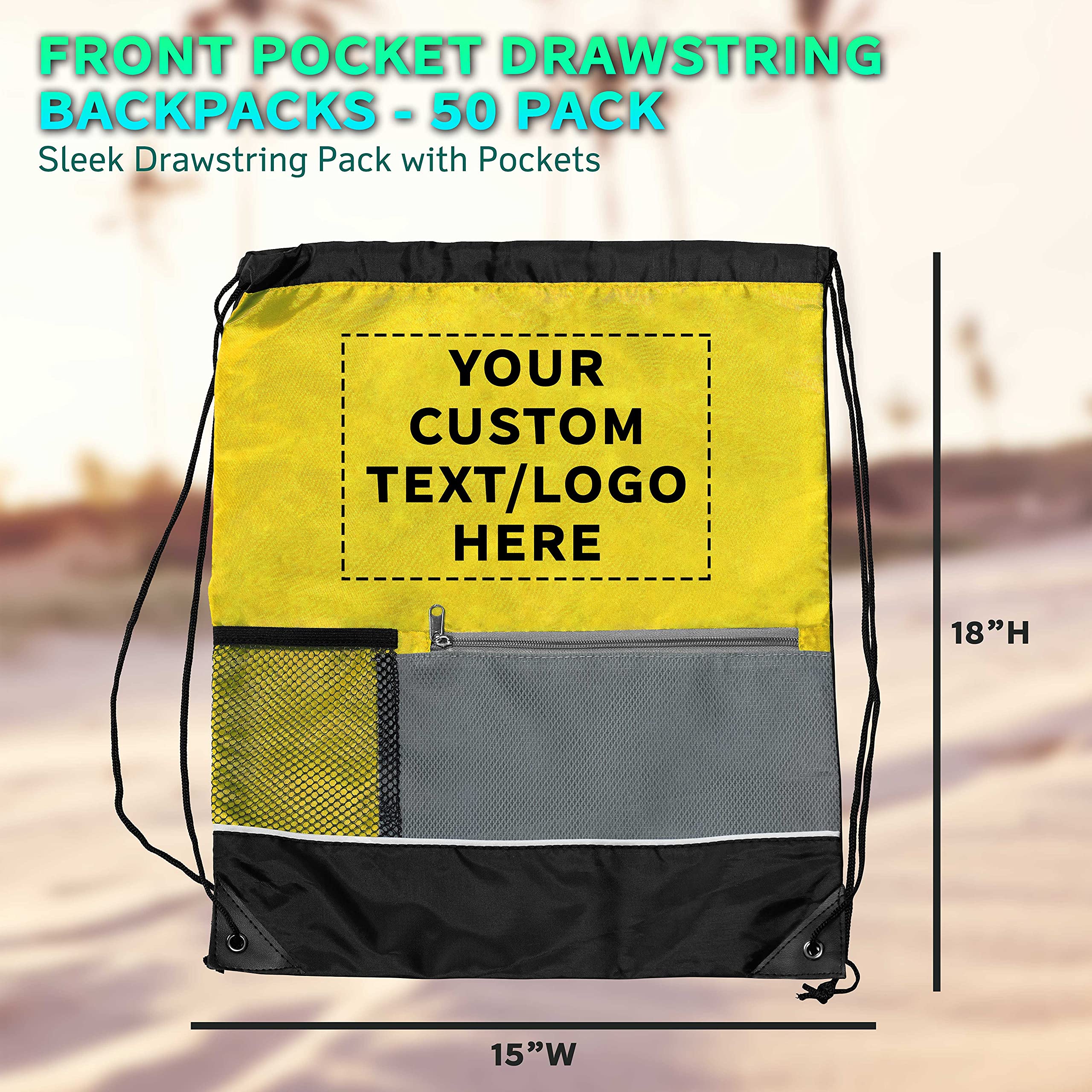 Custom Front Pocket Drawstring Backpacks - Bulk Set of 50, Personalized Reusable Lightweight Sports Bags for Promotional Events, School, Gym & Travel - Yellow Backpack with Drawstring Closure