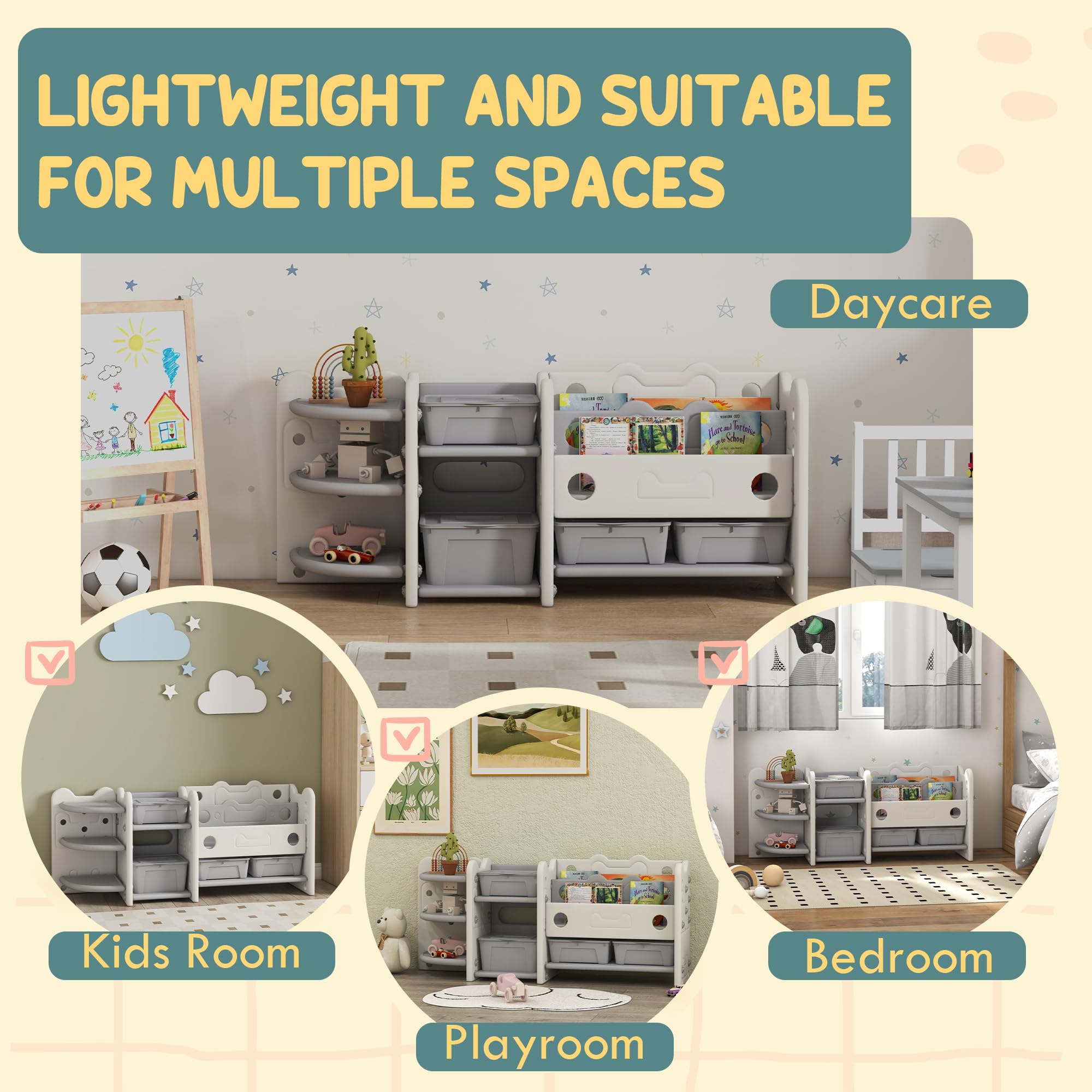 Qaba 4-Bin Toy Storage Organizer with Bookshelves & Racks - Kids Room, Nursery & Playroom Organization - Cream White Toy Box for Easy Cleanup & Child Development