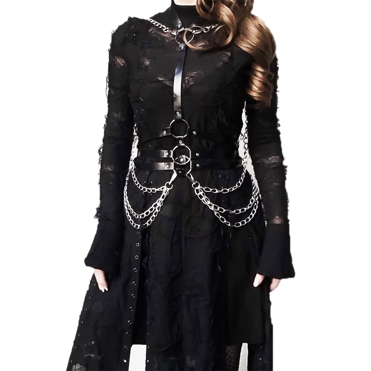 Adjustable PU Leather Body Chains Harness - Gothic Layered Chest Chains for Women - Rave Party, Festival, Bachelorette & Halloween Costume Accessory
