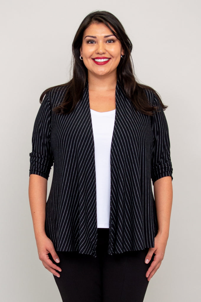 Kathy Jacket Women's Lightweight Blazer - Black & White Pin Stripe Bamboo Fabric - Perfect for Office Wear, Business Meetings & Professional Outfits
