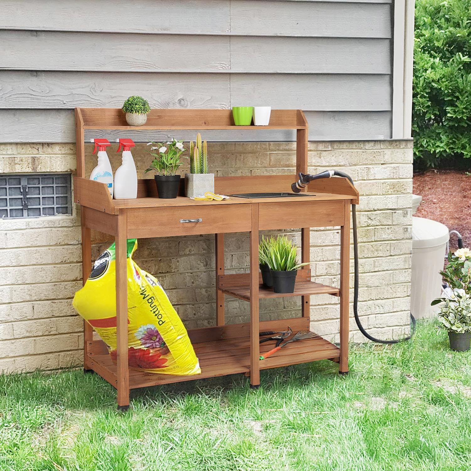 Topeakmart 45.2x17.7x47.6 Inch Outdoor Garden Potting Bench with Removable Sink, Drawer & Shelves - Sturdy Wooden Work Table for Planting, Gardening & DIY Projects - Perfect for Backyard, Patio & Greenhouse Use