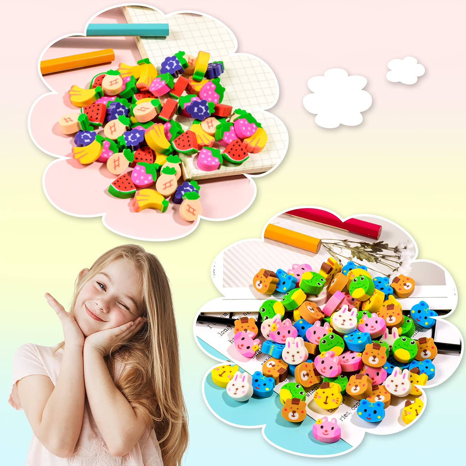 120 Pack Mini Erasers for Kids - Cute Animal & Fruit Shaped Novelty Erasers, Tiny Pencil Erasers for Homework, School Classroom Rewards & Back to School Supplies - Perfect for Party Favors, Teacher Gifts & Student Incentives