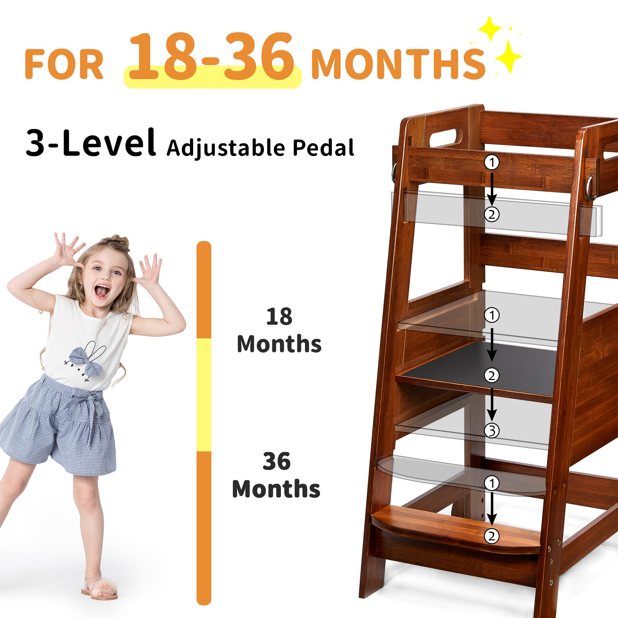 TOETOL Adjustable Bamboo Toddler Step Stool - Anti-Slip Kitchen Helper Tower for Kids | Safe Learning Stool for Cooking, Baking & Playtime Activities