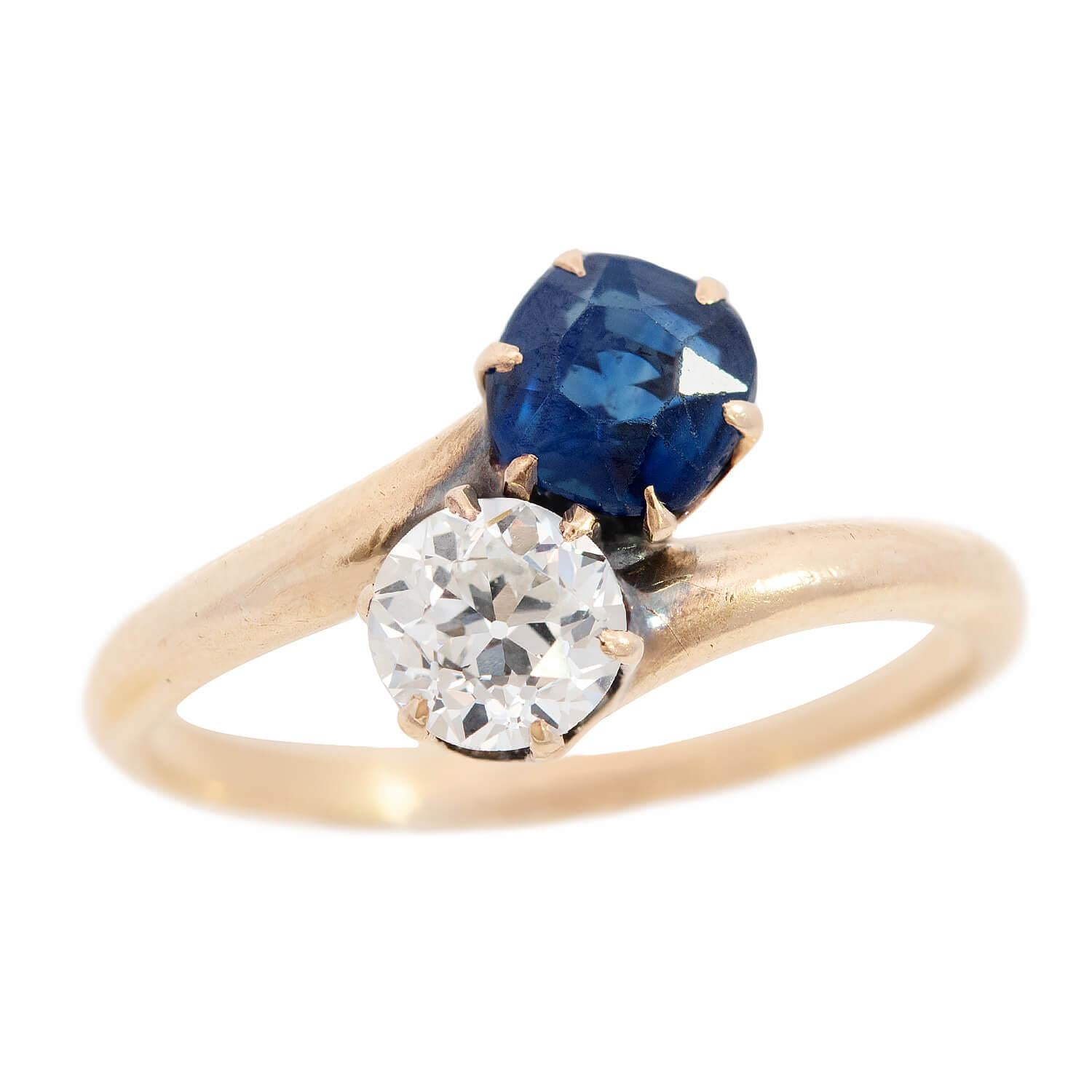 Victorian 14K Gold Diamond & Sapphire Moi et Toi Bypass Ring - Elegant Antique Jewelry for Engagement, Anniversary & Special Occasions