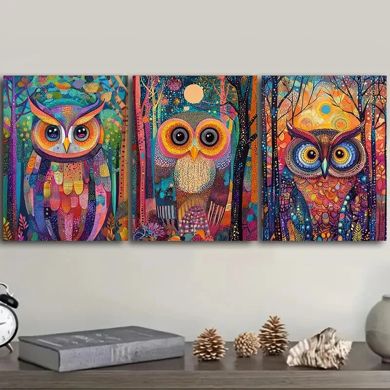 3-Piece Psychedelic Owl Wall Art Set - Framed Canvas Prints 40x60cm (16x24 inches) - High Quality Australian Made Ready-to-Hang Decor for Living Room, Bedroom & Office