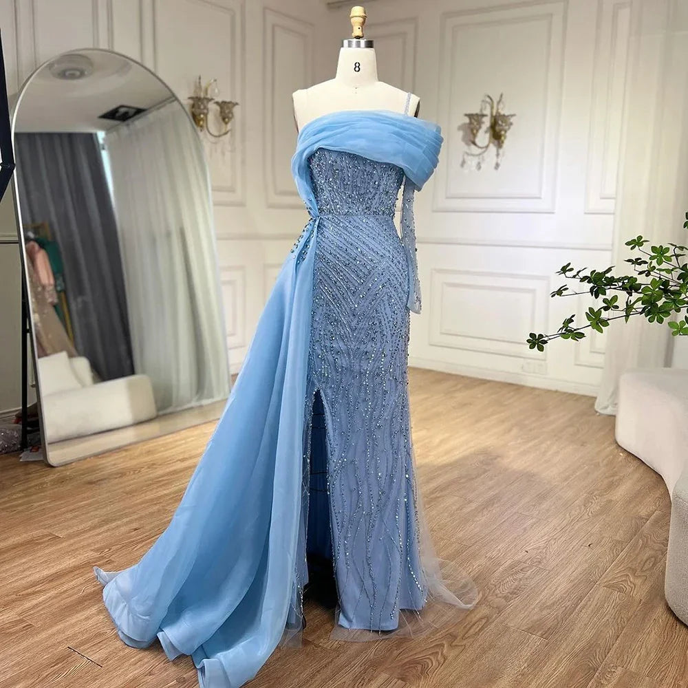 Elegant Blue Mermaid One Shoulder Evening Dress with Luxury Pearl Beading for Women - Perfect for Weddings, Parties & Special Occasions - Serene Hill Collection 2025 LA72244