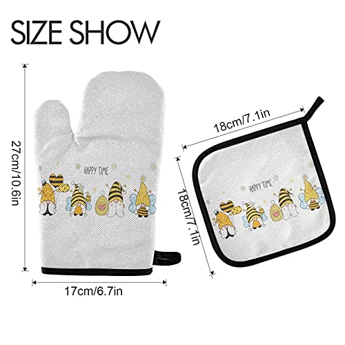 Bee Gnomes Spring Oven Mitts & Pot Holder Set - Heat Resistant Kitchen Gloves for Baking, Grilling, BBQ - Summer Butterflies Design Home Decor - Perfect for Cooking, Stove Use & Holiday Gifts