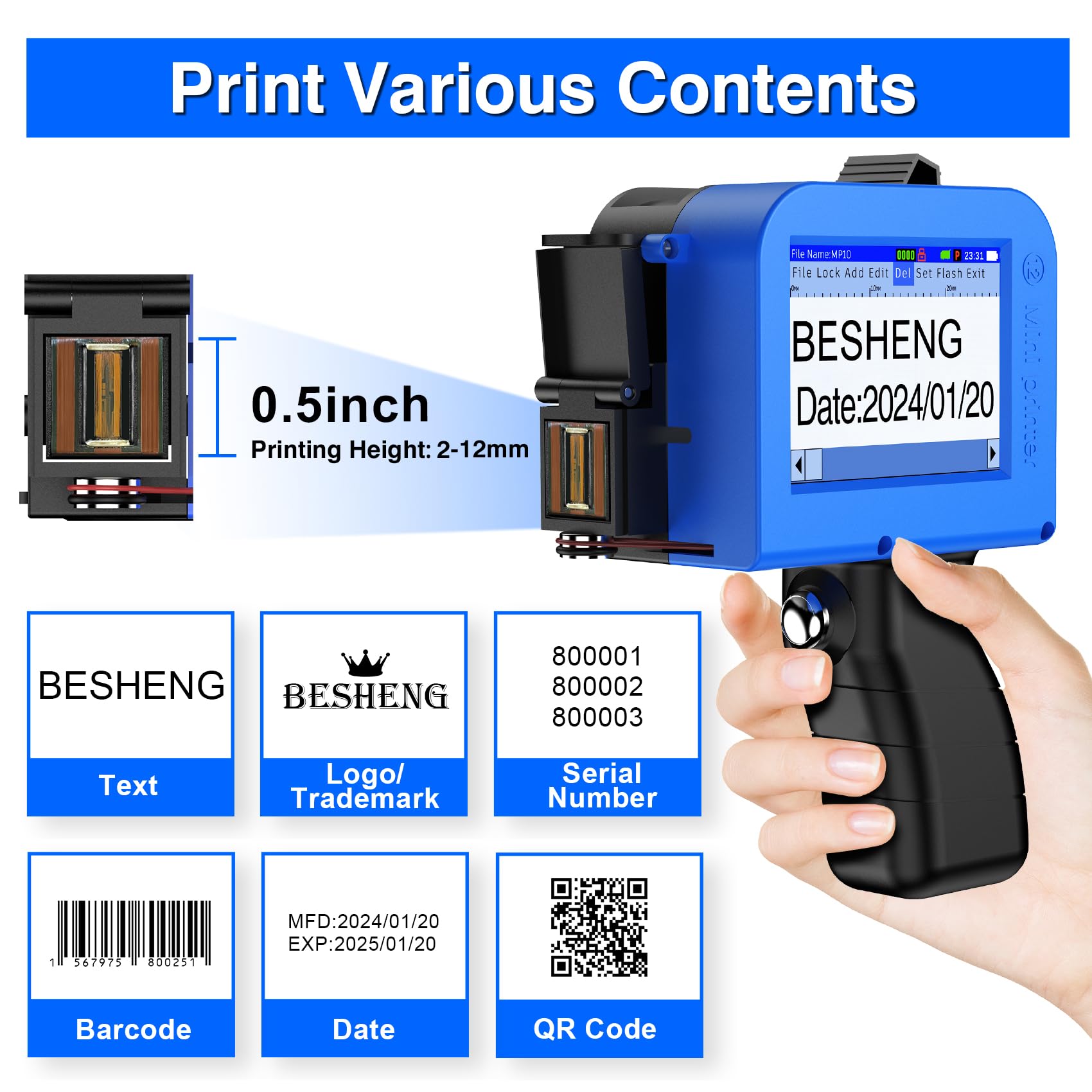 Portable Mini Handheld Inkjet Printer for Date/Batch/QR Code/Barcode - Fast-Drying 42ml Solvent Ink, Works on Any Surface (MP10, 0.5inch) - Ideal for Warehouse Labeling, Product Packaging & Industrial Marking