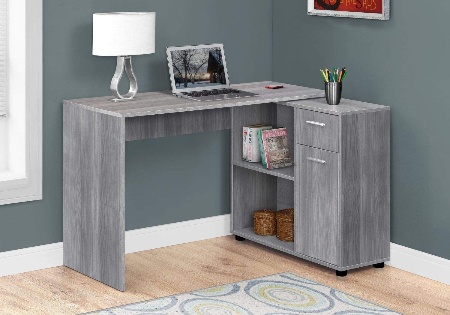 Offex 46 Inch Modern L-Shaped Computer Desk with Storage Cabinet, Grey - Home Office Workstation for Small Spaces, Gaming Setup & Remote Work