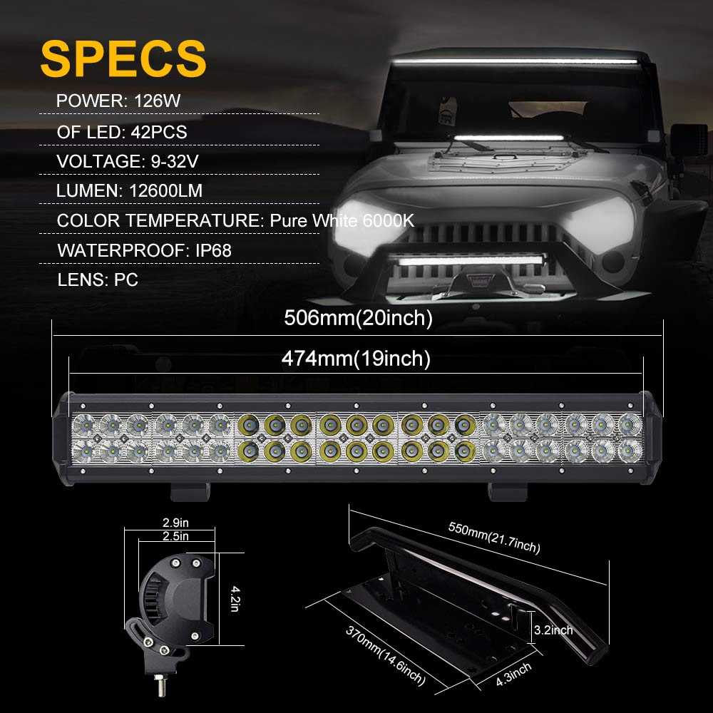 Samman 20Inch LED Light Bar with Front License Plate Mount Bracket - 22Inch Off Road LED Light Bar for Trucks, Jeeps & ATVs - Durable Waterproof Lighting for Night Driving, Camping & Off-Road Adventures