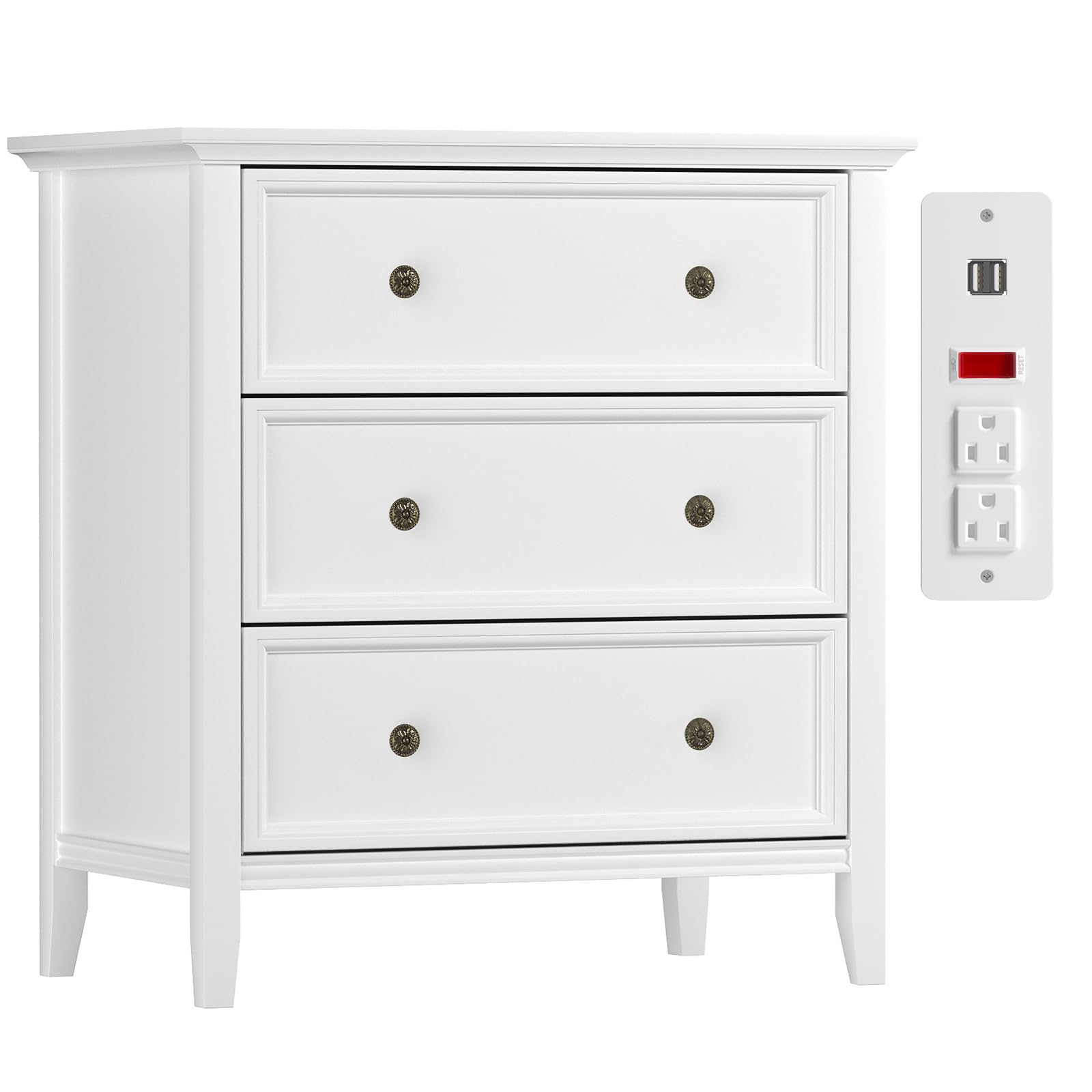 IKENO White Nightstand with 3 Drawers & USB Charging Station - Solid Wood Bedside Table with Storage Organizer for Bedroom, Living Room, or Office
