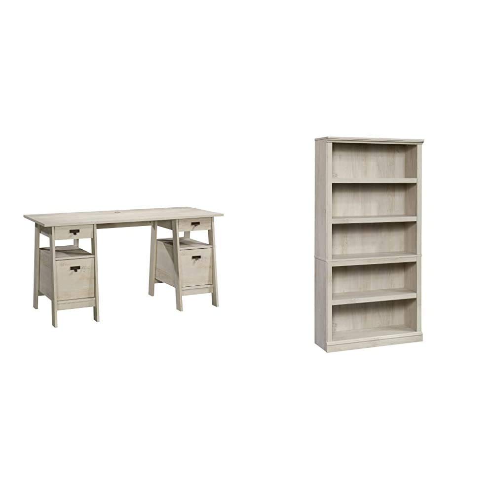 Executive Trestle Desk & 5-Shelf Bookcase Set in Chalked Chestnut Finish | Sauder Select Collection | Home Office Furniture for Professionals & Students
