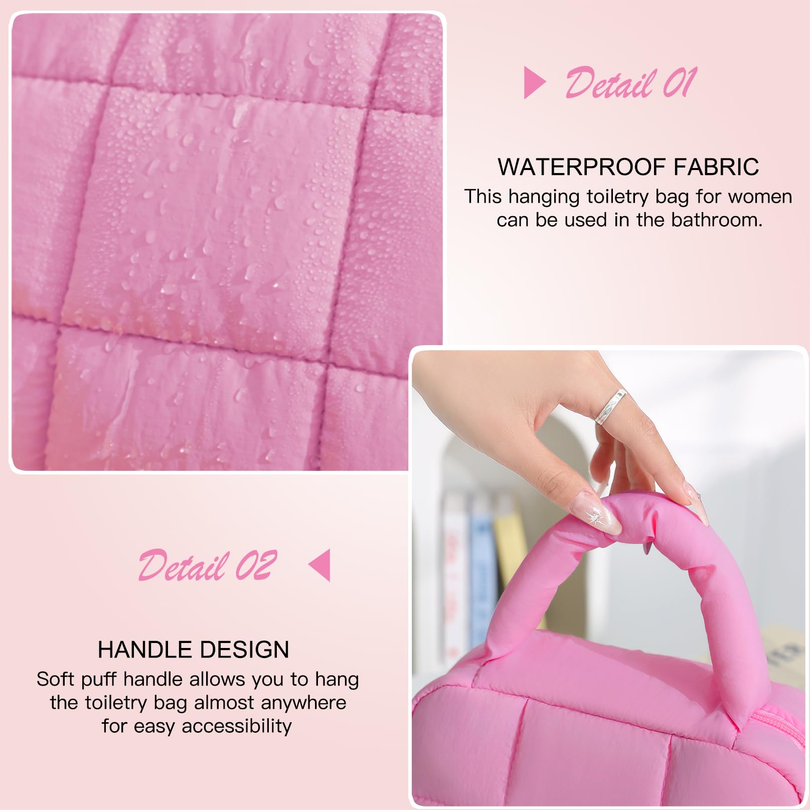 Waterproof Hanging Travel Toiletry Bag for Women - Cute Puffy Cosmetic Organizer with Candy Colors (Rose Pink) | Perfect for Vacation, Gym, Camping & Business Trips