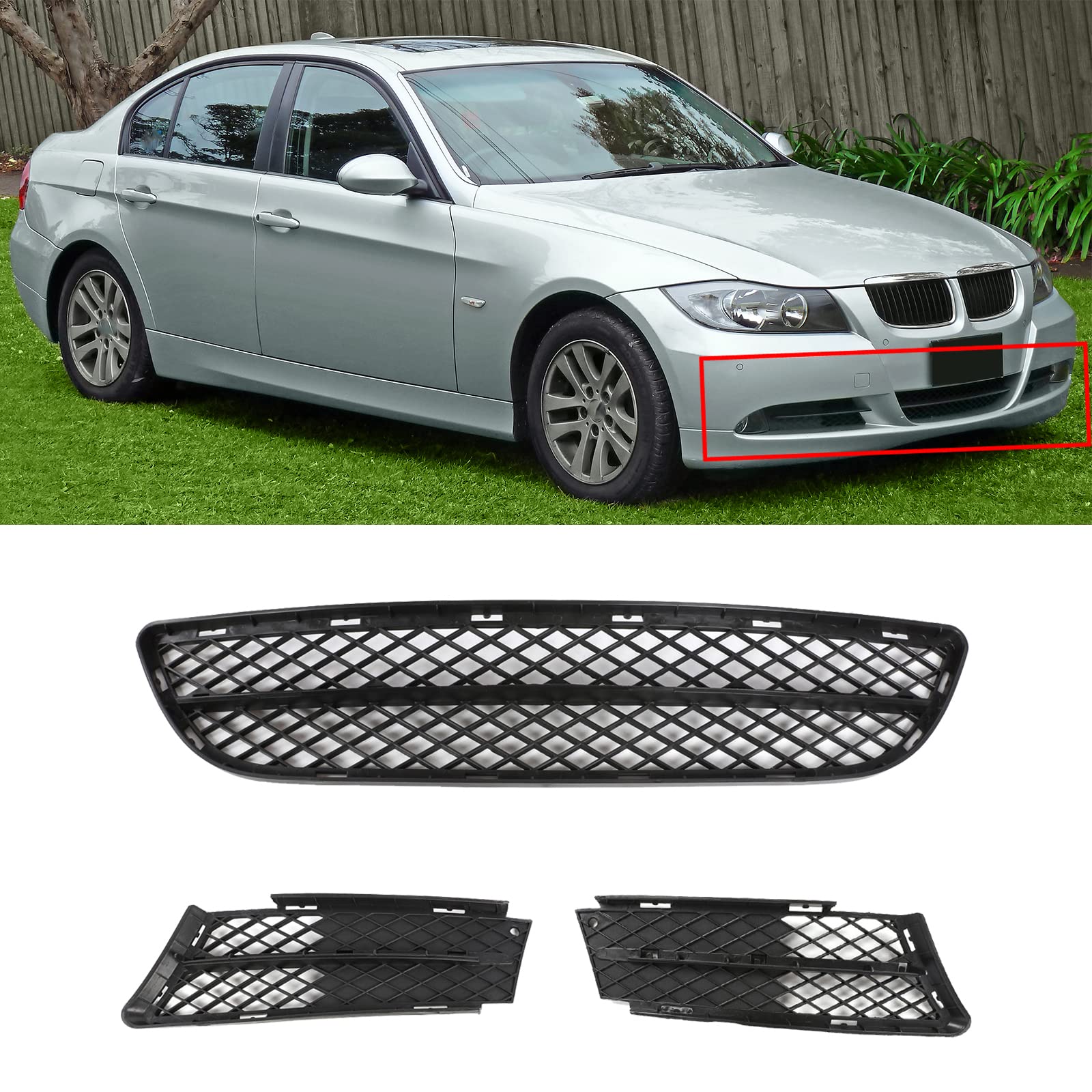 PENSUN Front Lower Bumper Grill Grille Replacement for 2006-2008 BMW 3 Series E90 E91 Sedan & Wagon - 3 Piece Set - Enhances Style & Protection for Your Vehicle