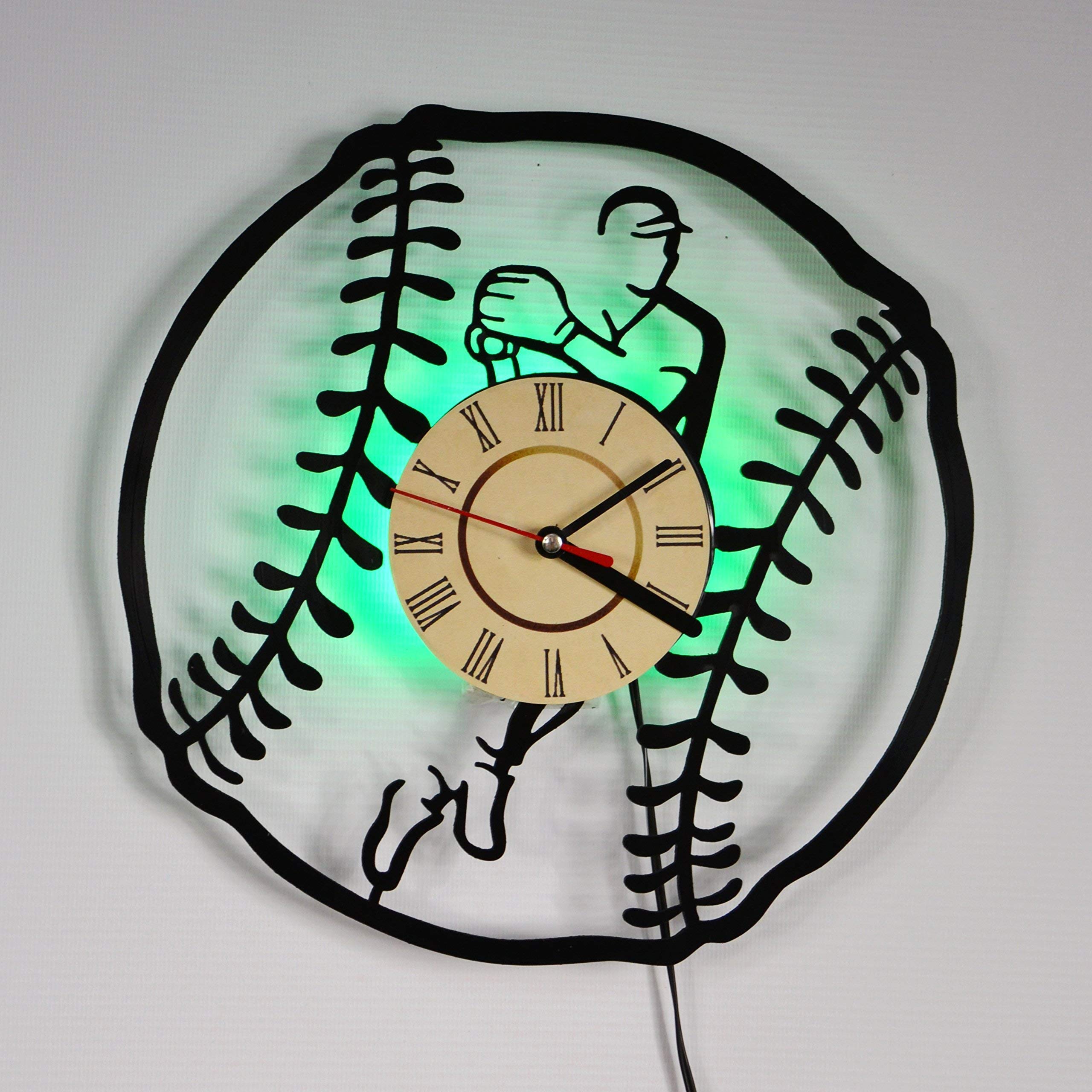 Baseball Wall Clock with Green LED Backlight - Vintage Vinyl Night Light for Living Room Decor, Bedroom & Game Room - Silent Non-Ticking LED Time Display with Ambient Atmosphere Lighting
