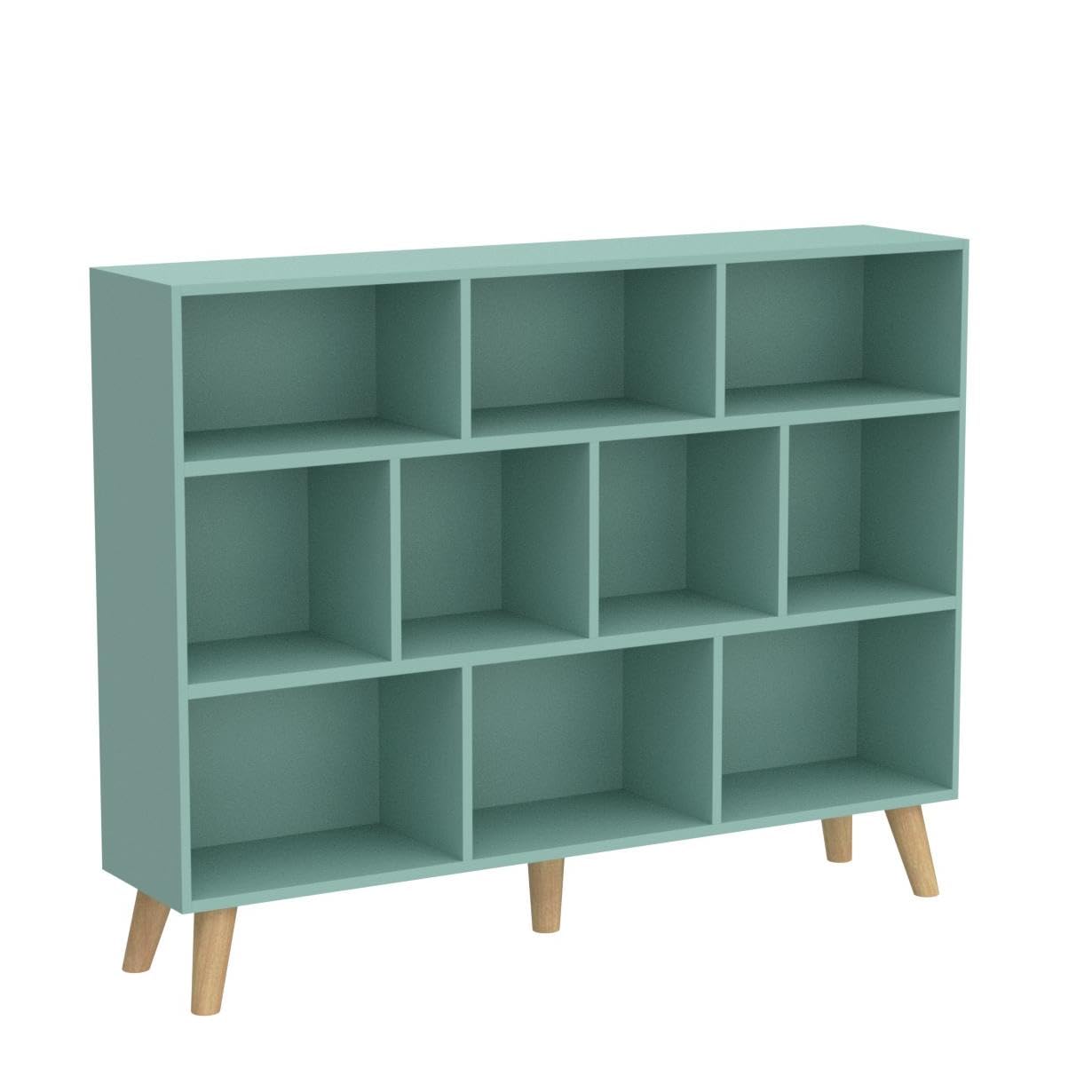 IOTXY 3-Tier Wooden Open Shelf Bookcase - Floor Standing Display Cabinet with 10 Storage Cubes, Modern Tiffany Green Bookshelf for Living Room, Bedroom & Office Organization