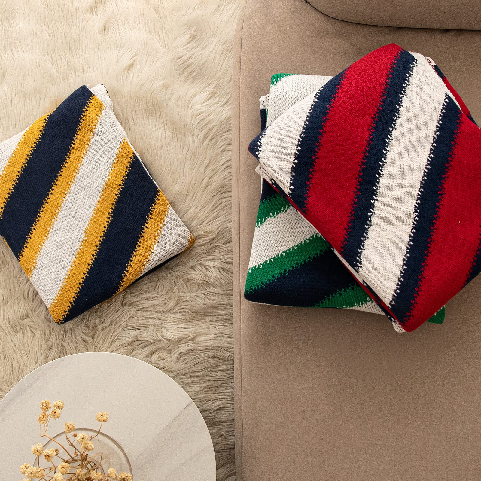100% Cotton Striped Knit Throw Blanket - Ultra Soft Lightweight Geometric Blanket for Couch, Sofa & Bed - Cozy Decorative Blanket for Women, Men & Kids - Perfect for Lounging, Gifting & Home Decor (Yellow)