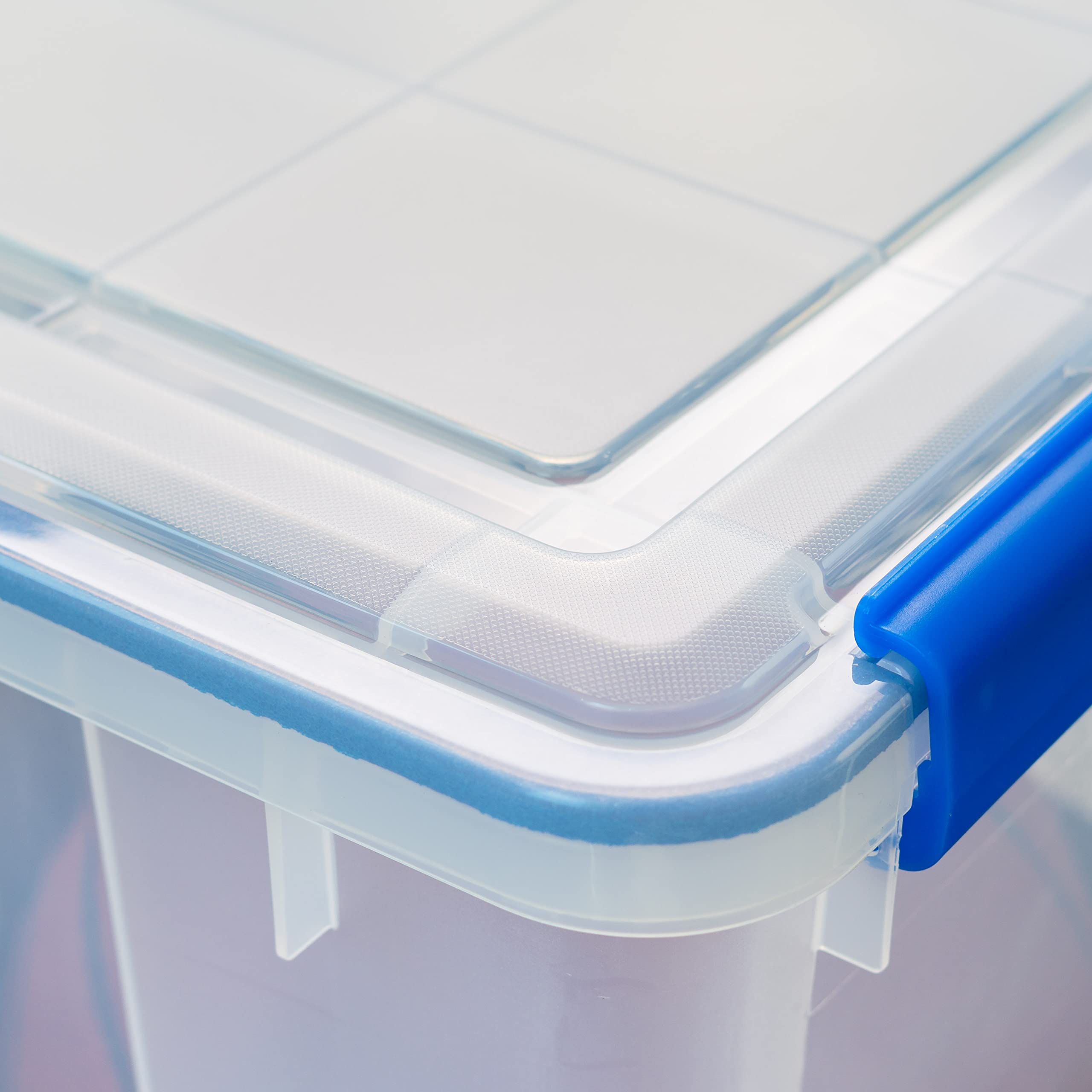 IRIS USA WeatherPro 74 Qt Storage Bins with Lids, 3-Pack BPA-Free Plastic Gasket Box - Airtight Latch & Seal, Stackable & Nestable Tote Tubs for Home Organization (Clear/Blue) - Perfect for Pantry, Garage, Closet & Seasonal Storage