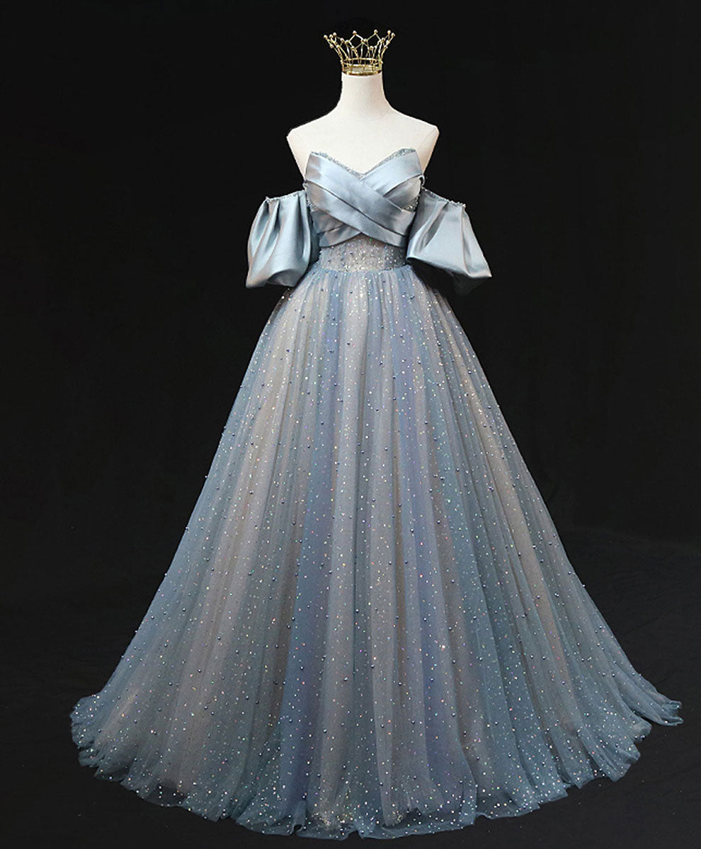 Elegant Blue A-Line Tulle Long Prom Dress with Beading - Perfect for Evening Gala, Homecoming, and Formal Events