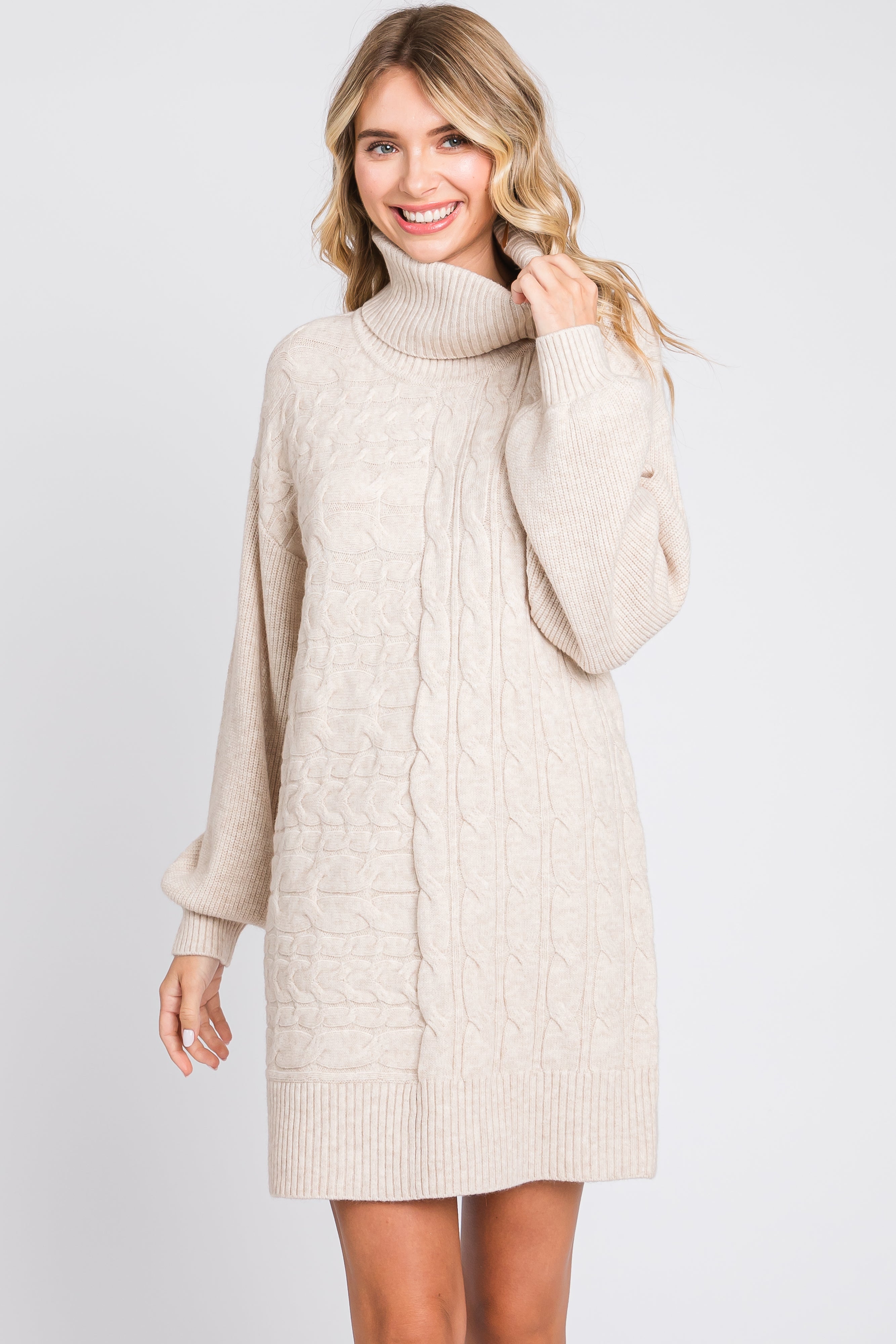 Beige Cable Knit Mini Sweater Dress for Women - Cozy Winter Pullover Turtleneck Dress - Perfect for Christmas Party, Date Night & Holiday Outfits