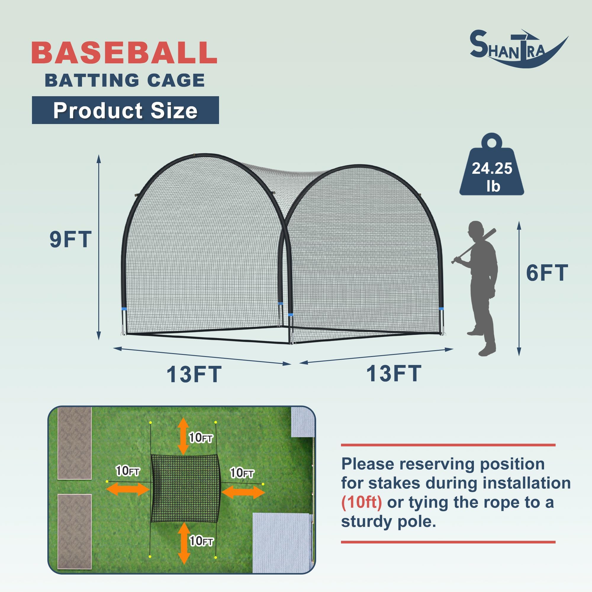 SHANTRA 13/22/30FT Baseball Batting Cage with Frame & Net - Professional Backyard Hitting Cage for Baseball & Softball Practice | Perfect for Outdoor Hitting Drills, Pitching Training & Backyard Sports