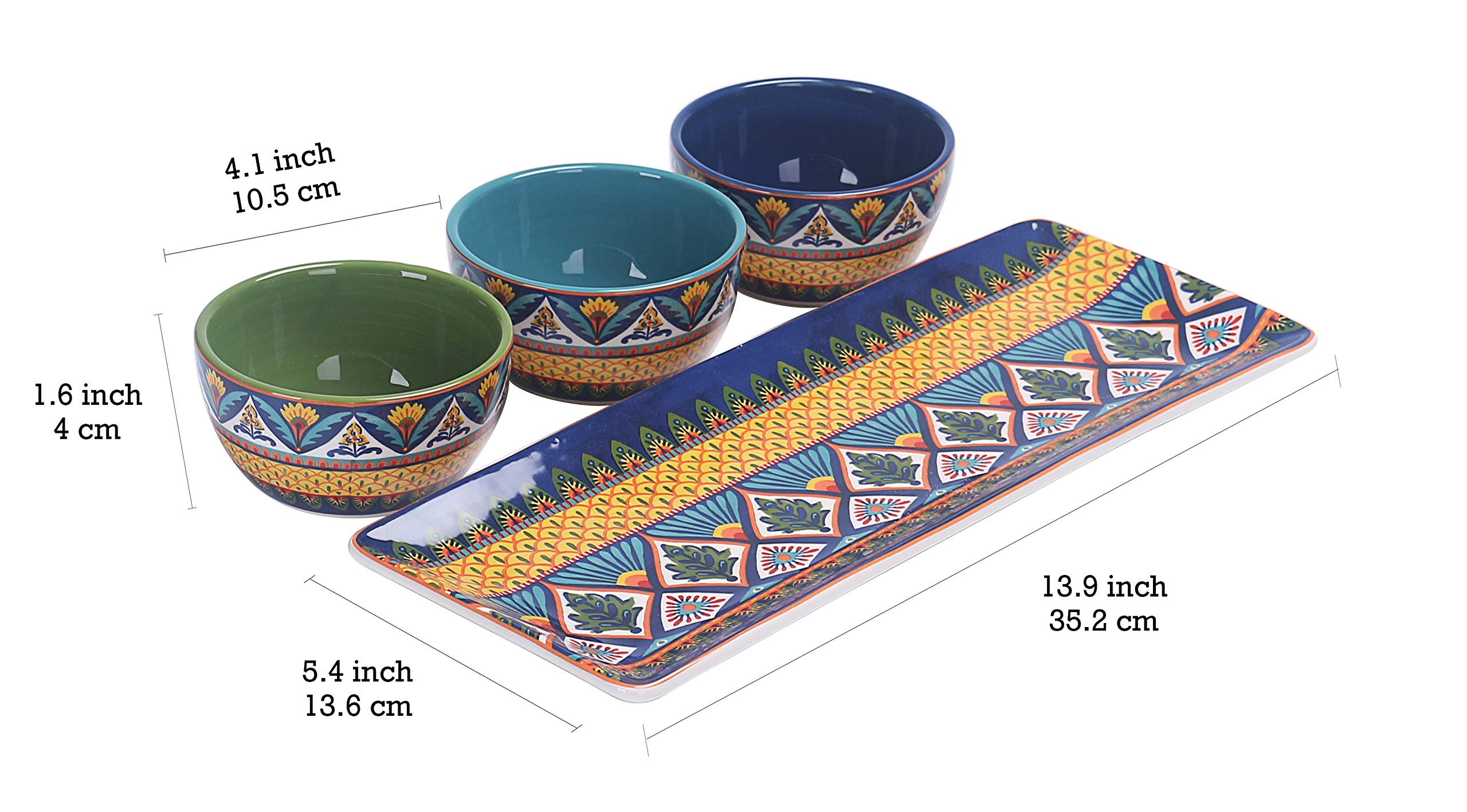 Bico Havana Ceramic Dipping Bowl Set - 9oz Small Bowls with 14 Inch Serving Platter for Sauces, Dips, Nachos, Snacks - Microwave & Dishwasher Safe - Perfect for Parties, Entertaining & Family Gatherings