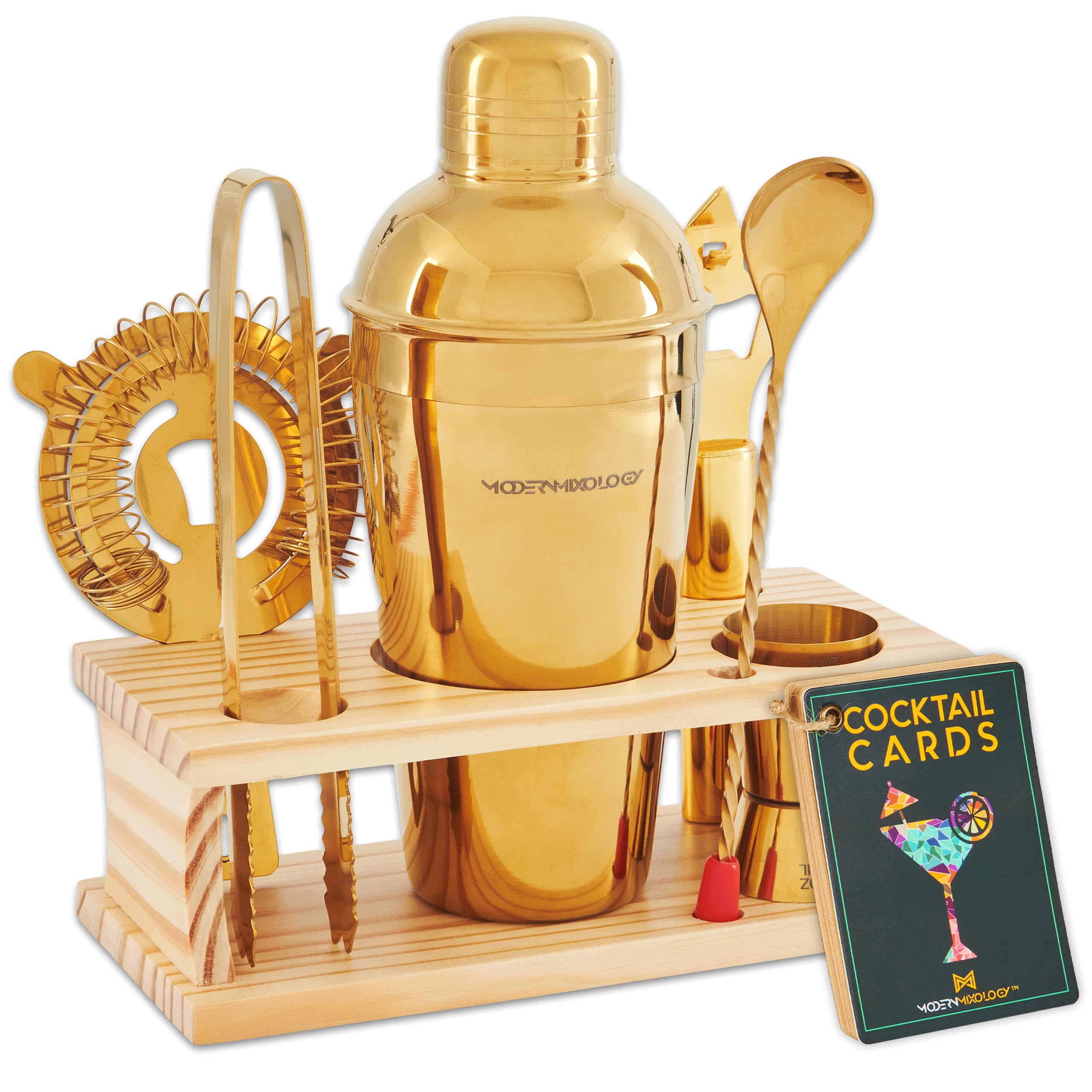 8-Piece Gold Cocktail Shaker Set with Pine Wood Stand, Recipe Cards & Bar Accessories - Premium Mixology Kit for Home Bartending & Party Hosting