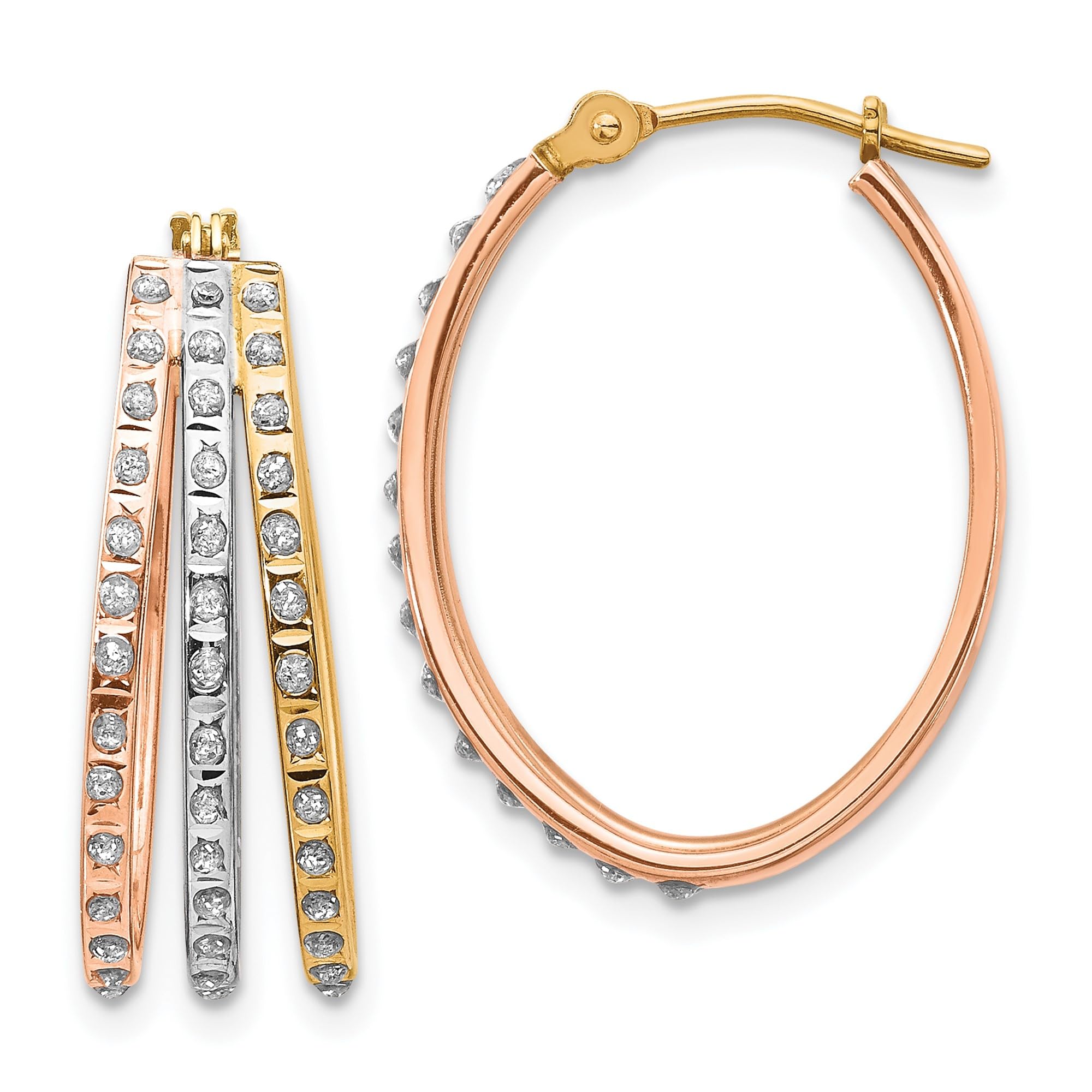 14K Solid Tri-Color Pink White Yellow Gold Diamond 3 Oval Small Hoop Earrings for Women | Elegant Dainty Everyday Jewelry Gift for Her | Perfect for Parties, Weddings & Date Nights