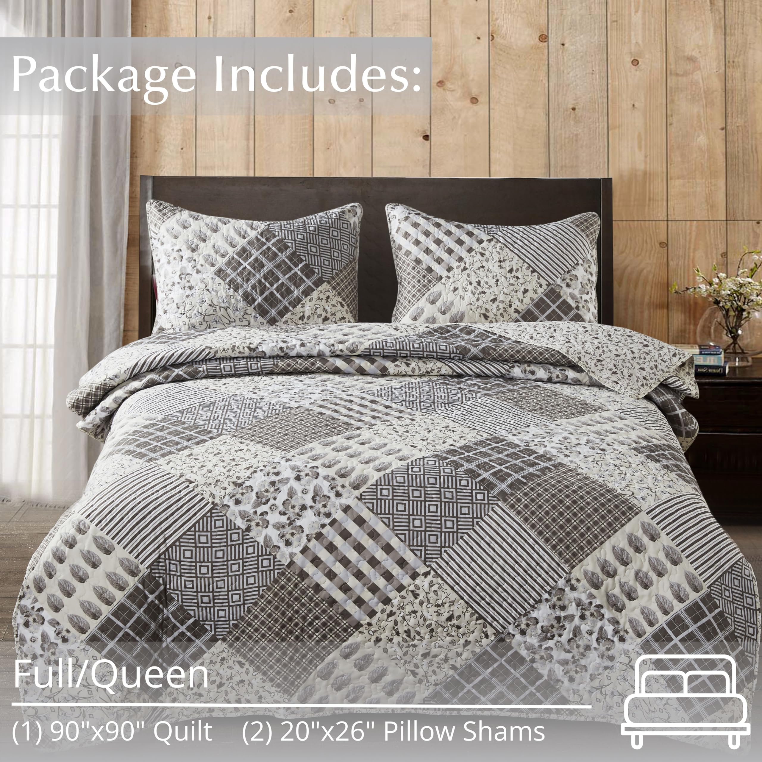 Virah Bella Reversible Quilt Bedding Set - Full/Queen Size Lightweight Printed Quilt with 2 Pillow Shams | Phyllis Dobbs Charming Grays Contemporary Design | Cozy & Stylish Bedroom Decor for Modern Homes