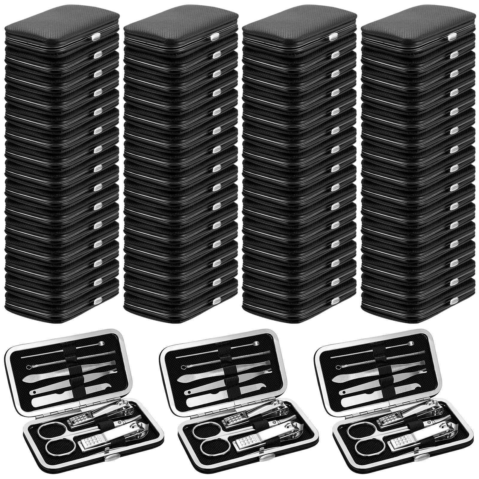 Lasnten 100 Bulk Nail Clipper Set - Professional Stainless Steel Manicure & Pedicure Kit with Travel Case - 8-in-1 Grooming Tools for Men, Women & Family (Black) - Perfect for Home, Travel & Salon Use