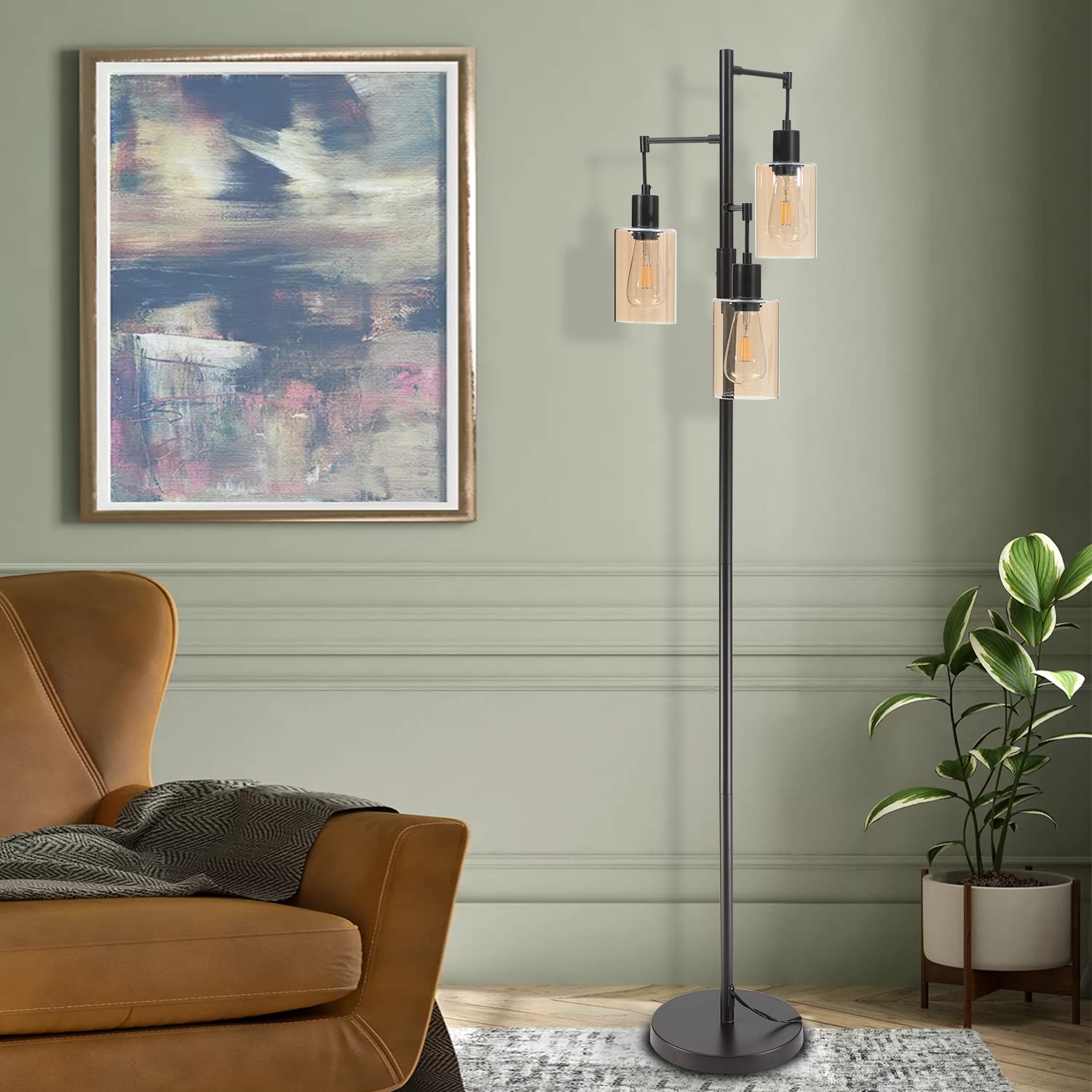 Liylan Farmhouse Floor Lamp - Dimmable Rustic Tree Standing Light with Amber Glass Shade, Oil Rubbed Bronze Finish, 3-Light Tall Pole Lighting for Living Room, Bedroom & Reading Nook | Perfect for Cozy Home Decor & Ambient Lighting
