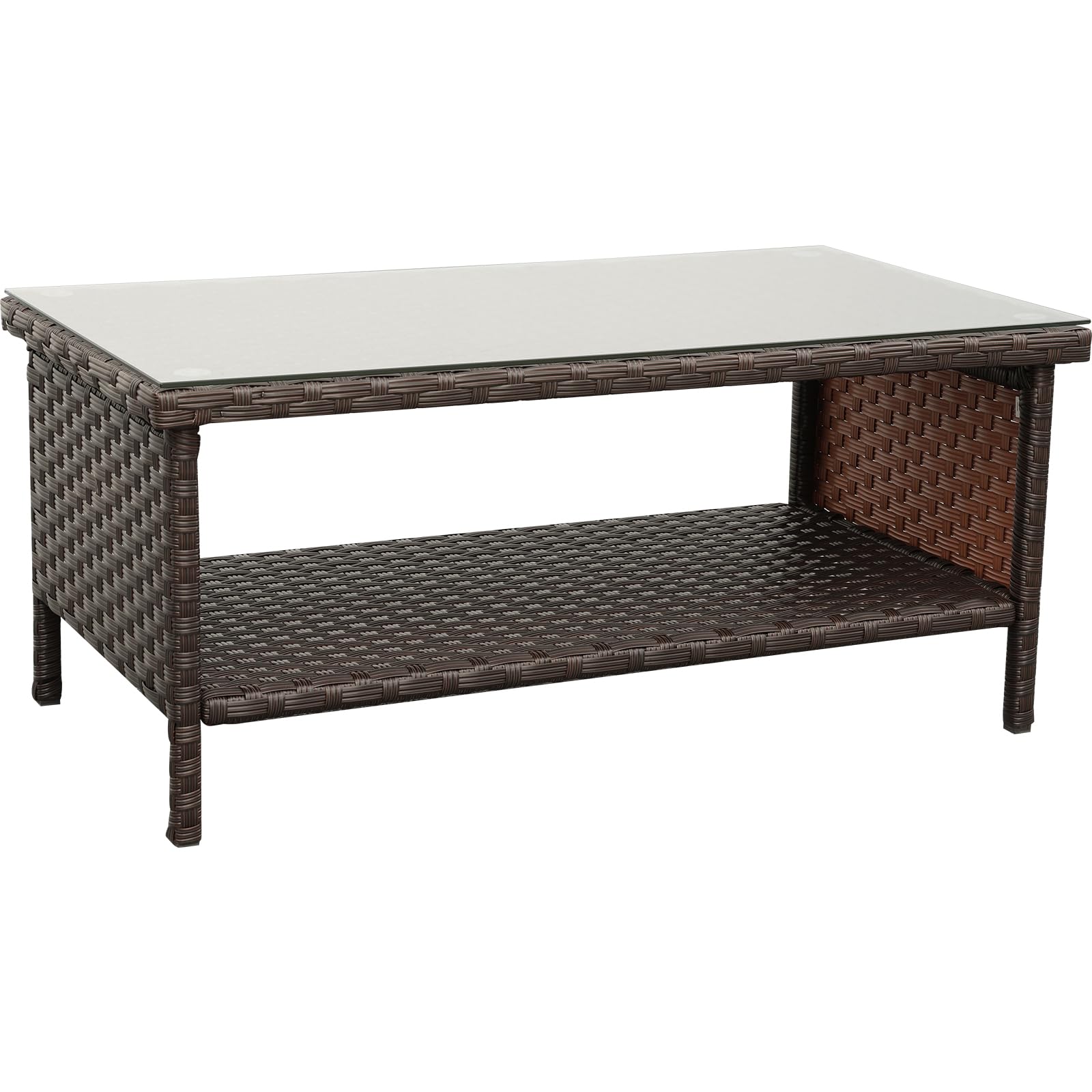 Outdoor Wicker Coffee Table - 2-Tier Rattan Patio Furniture with Glass Top & Storage Space, Includes Weatherproof Cover - Perfect for Garden, Balcony, Poolside & Backyard Relaxation (Brown)