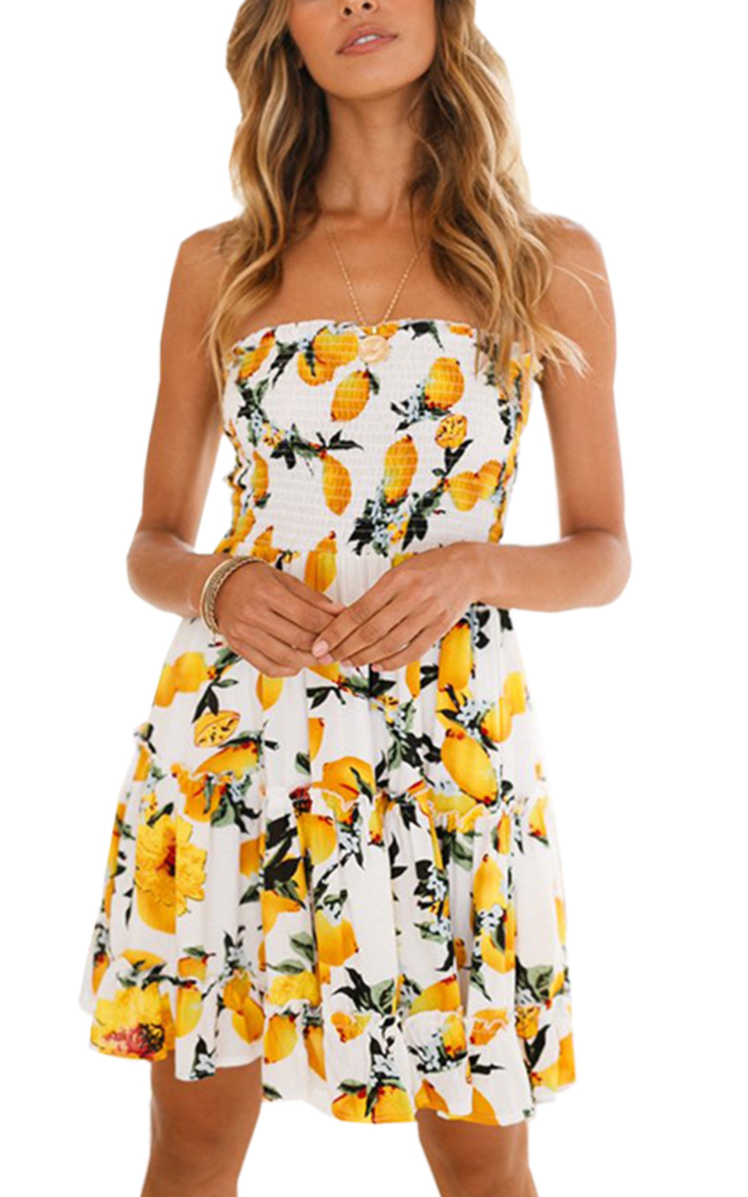 Angashion Women's Floral Strapless Pleated Flowy Skater Mini Tube Dress - Summer Casual Party Cocktail Beach Wedding Guest Outfit