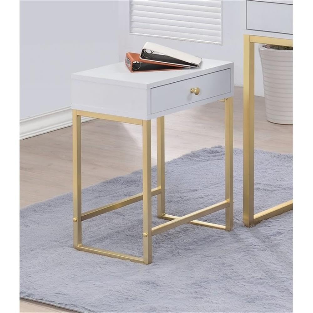 Acme Coleen 1-Drawer Metal Tube End Table in White and Brass - Modern Nightstand for Bedroom, Living Room & Office