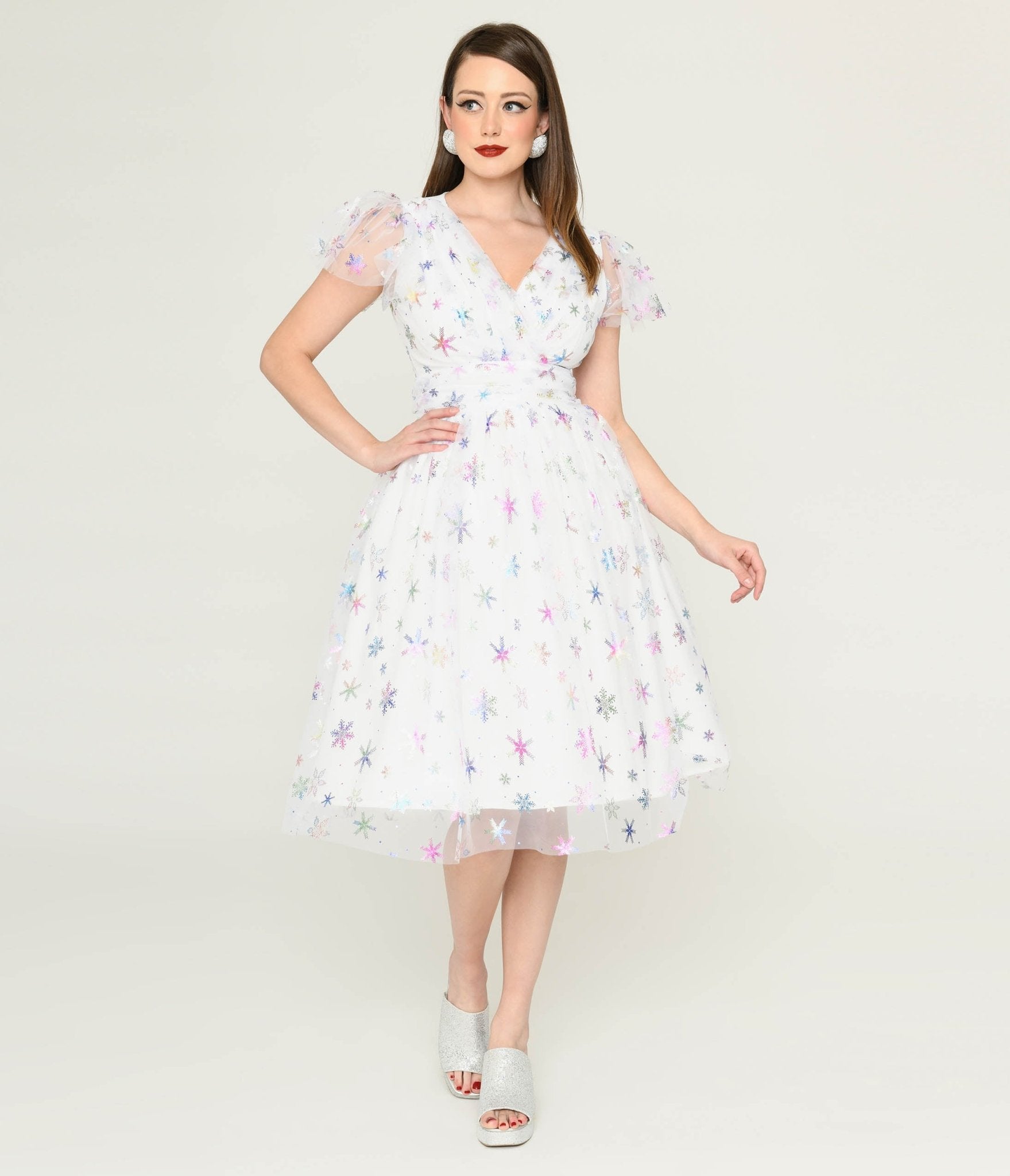 Magnolia Place White & Sparkle Snowflake Midori Dress - Elegant Holiday Party Dress for Christmas, New Year & Special Occasions