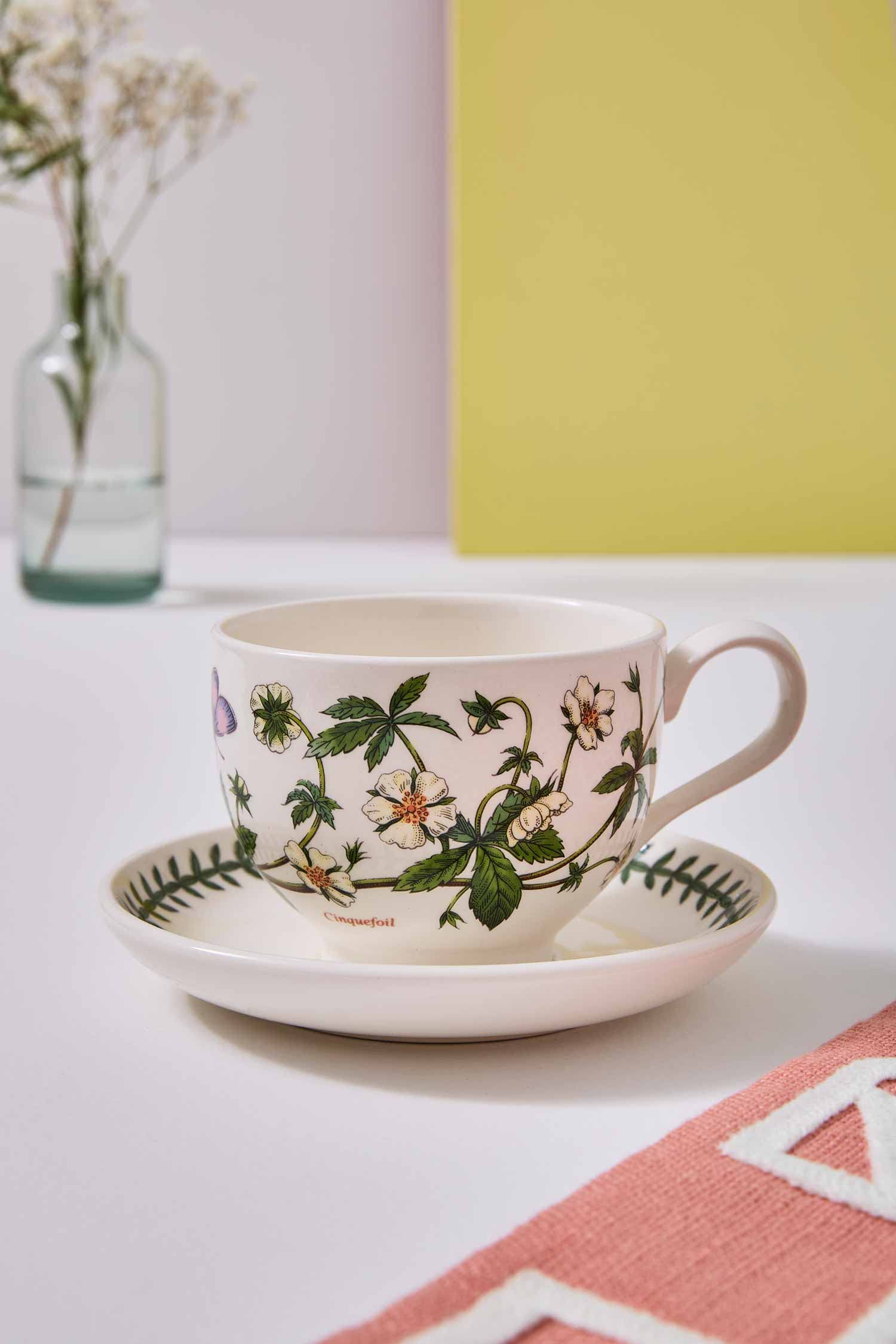 Portmeirion Botanic Garden 10oz Teacup and Saucer Set of 6 - Assorted Floral Designs Fine Earthenware Tea Cups - Chip Resistant, Dishwasher & Microwave Safe - Made in England - Perfect for Afternoon Tea, Bridal Showers & Elegant Dining