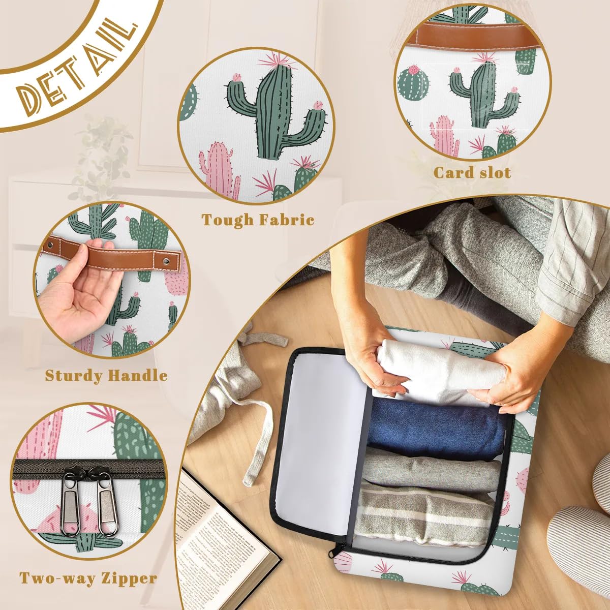 Foldable Fabric Storage Bins with Lids - Stackable Closet Organizer for Clothes, Toys, Blankets | Dustproof Collapsible Storage Cubes for Bedroom, Nursery, Office & Home Organization (Cactus Design)