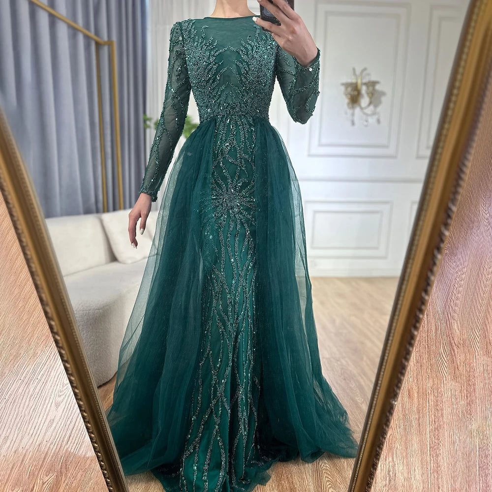 Elegant Muslim Green Evening Dress with Train - 2025 Mermaid Beaded Gown for Women | Luxury Party Wear | Perfect for Weddings, Galas & Formal Events